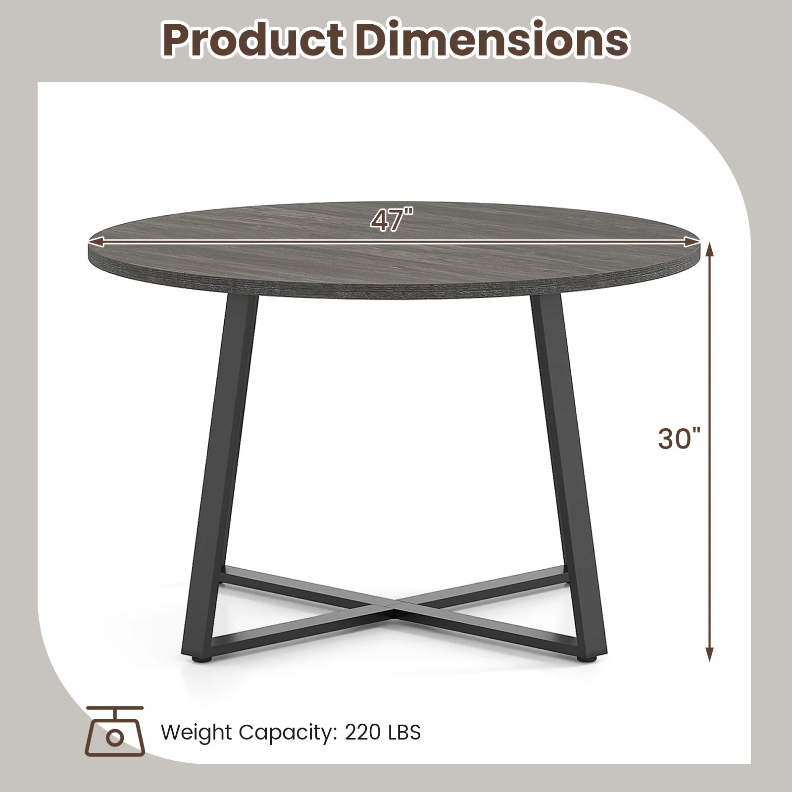 47 Inch Round Dining Table with Stable X-shaped Base and Round Thickened Tabletop-Grey, Gray - Image 6