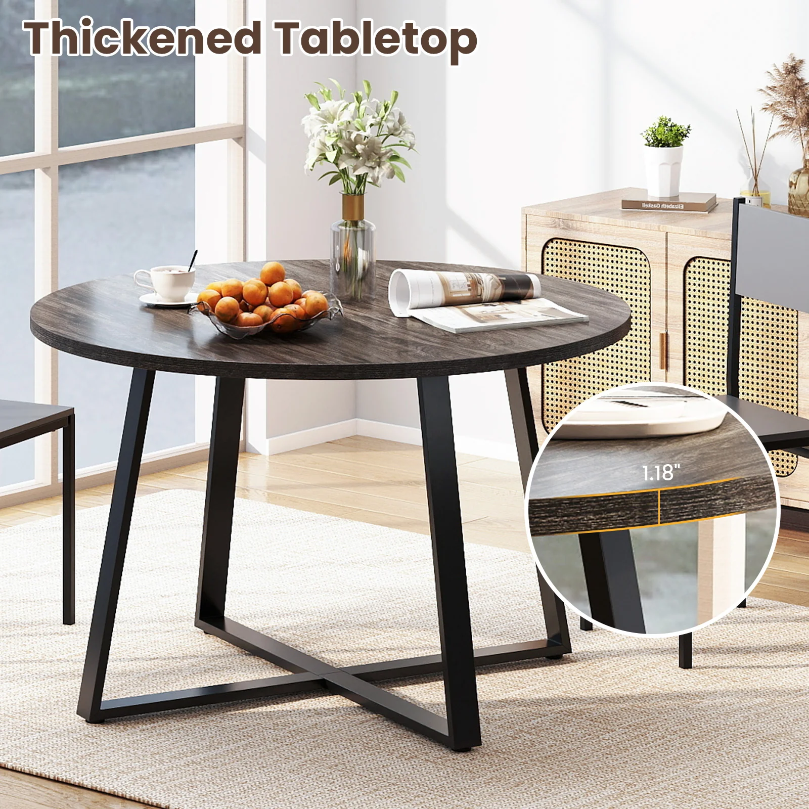 47 Inch Round Dining Table with Stable X-shaped Base and Round Thickened Tabletop-Grey, Gray - Image 7