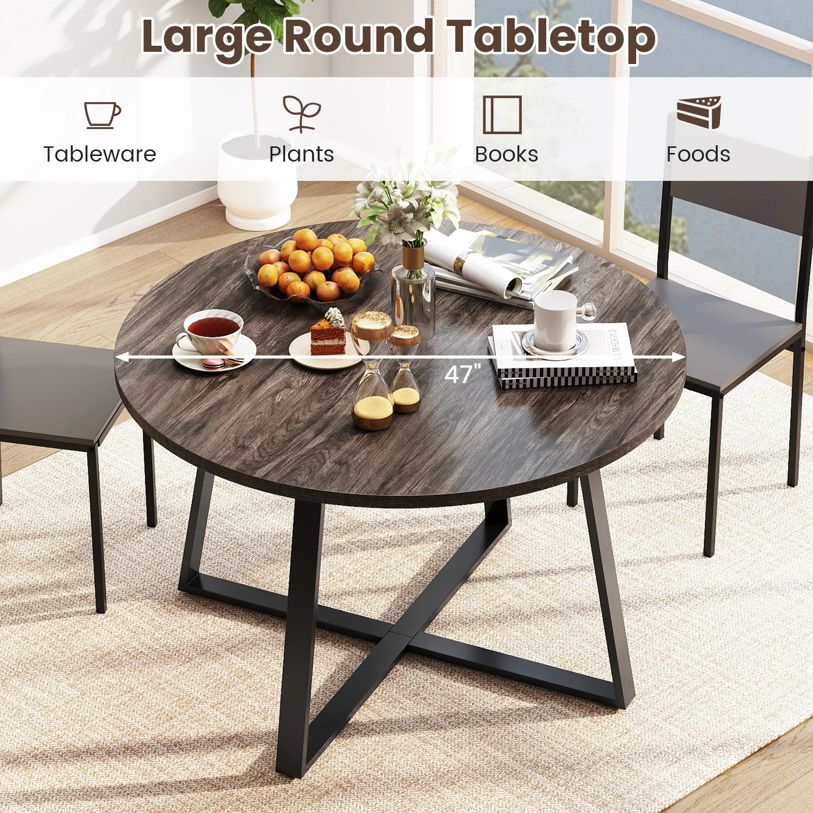 47 Inch Round Dining Table with Stable X-shaped Base and Round Thickened Tabletop-Grey, Gray - Image 8