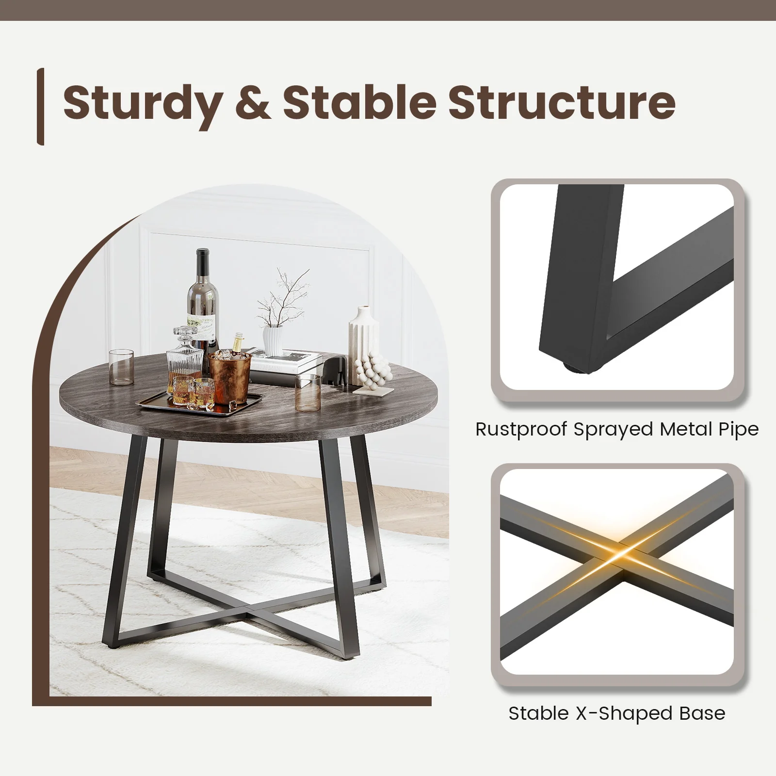 47 Inch Round Dining Table with Stable X-shaped Base and Round Thickened Tabletop-Grey, Gray - Image 9