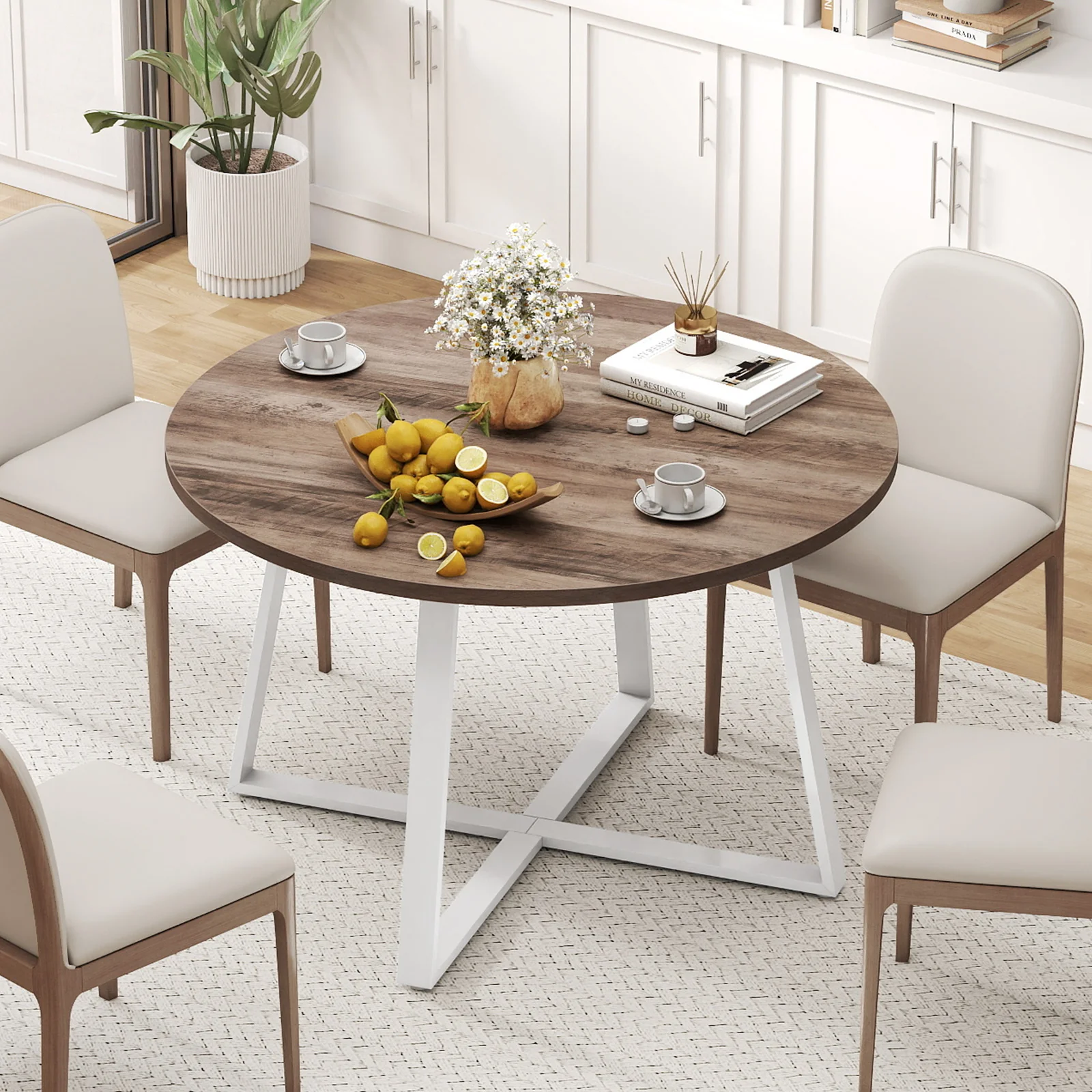 47 Inch Round Dining Table with Stable X-shaped Base and Round Thickened Tabletop, Natural - Image 2