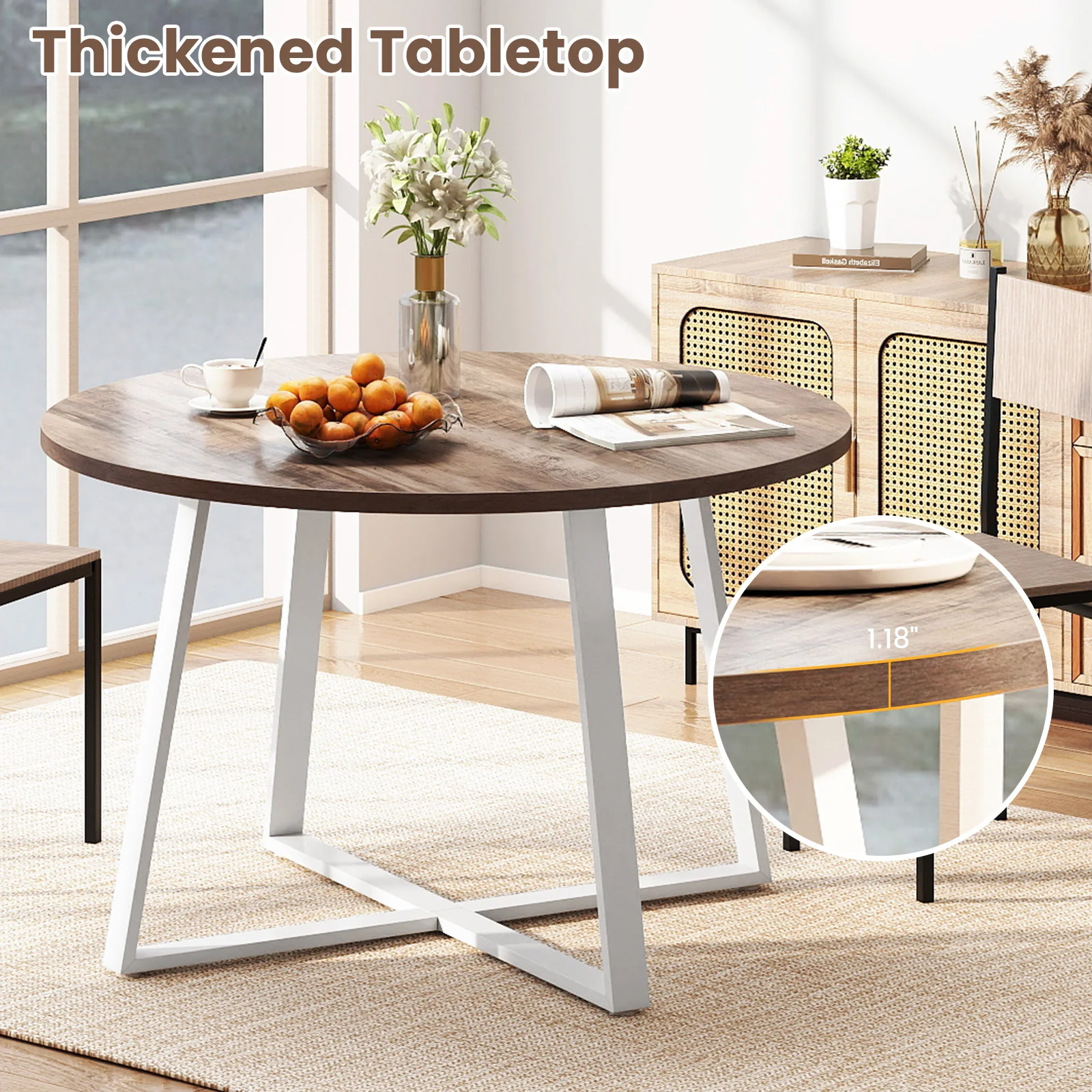 47 Inch Round Dining Table with Stable X-shaped Base and Round Thickened Tabletop, Natural - Image 6