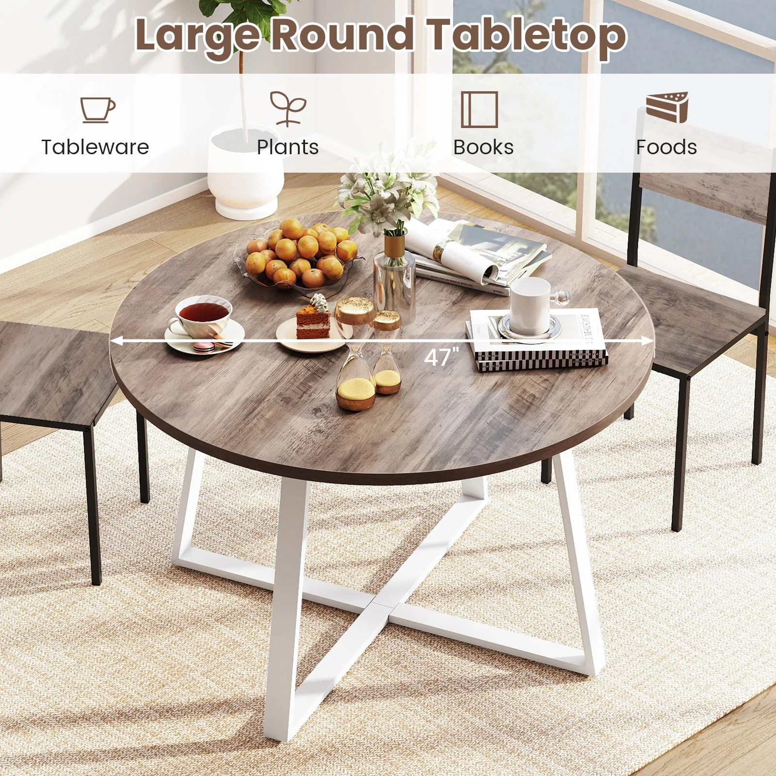 47 Inch Round Dining Table with Stable X-shaped Base and Round Thickened Tabletop, Natural - Image 7