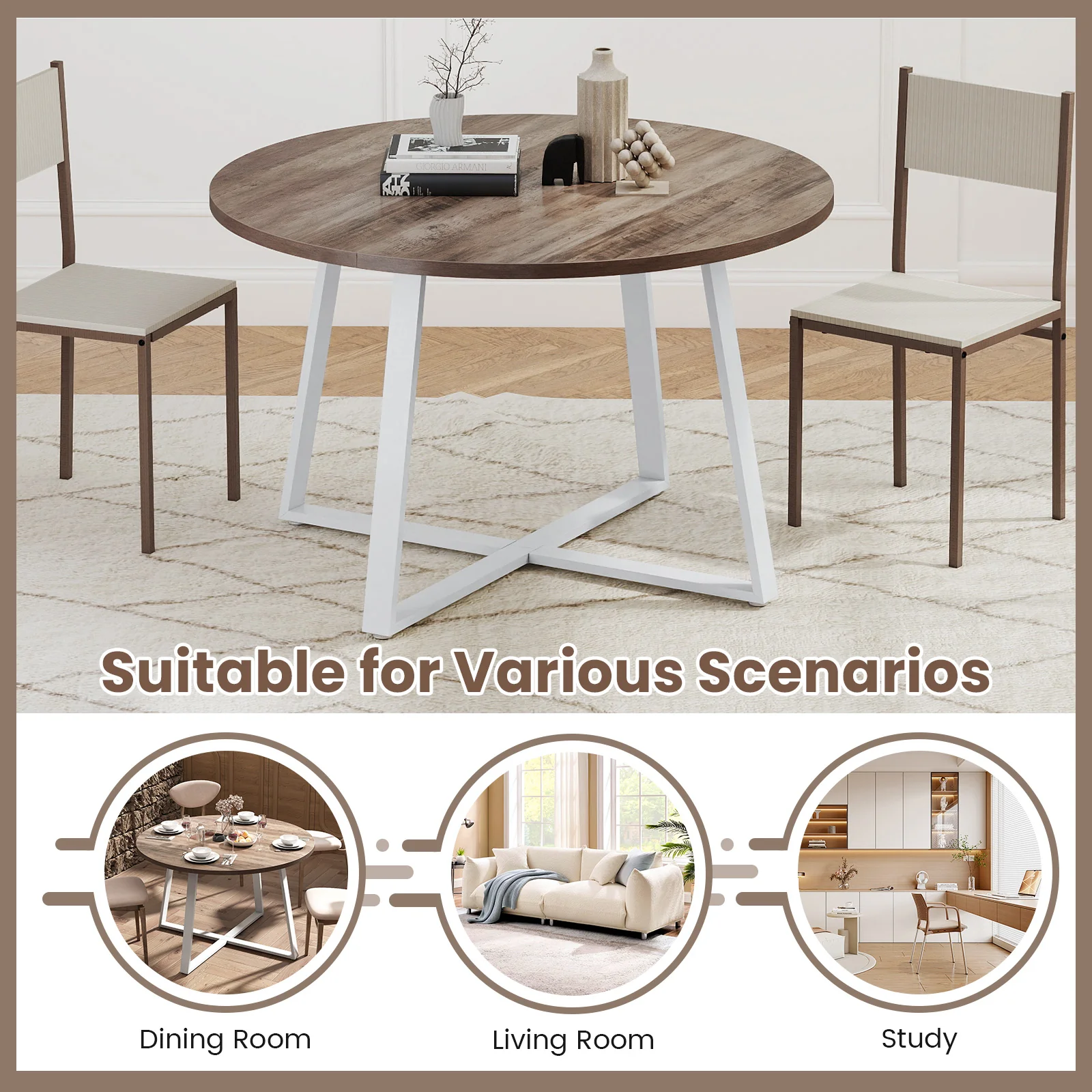 47 Inch Round Dining Table with Stable X-shaped Base and Round Thickened Tabletop, Natural - Image 9