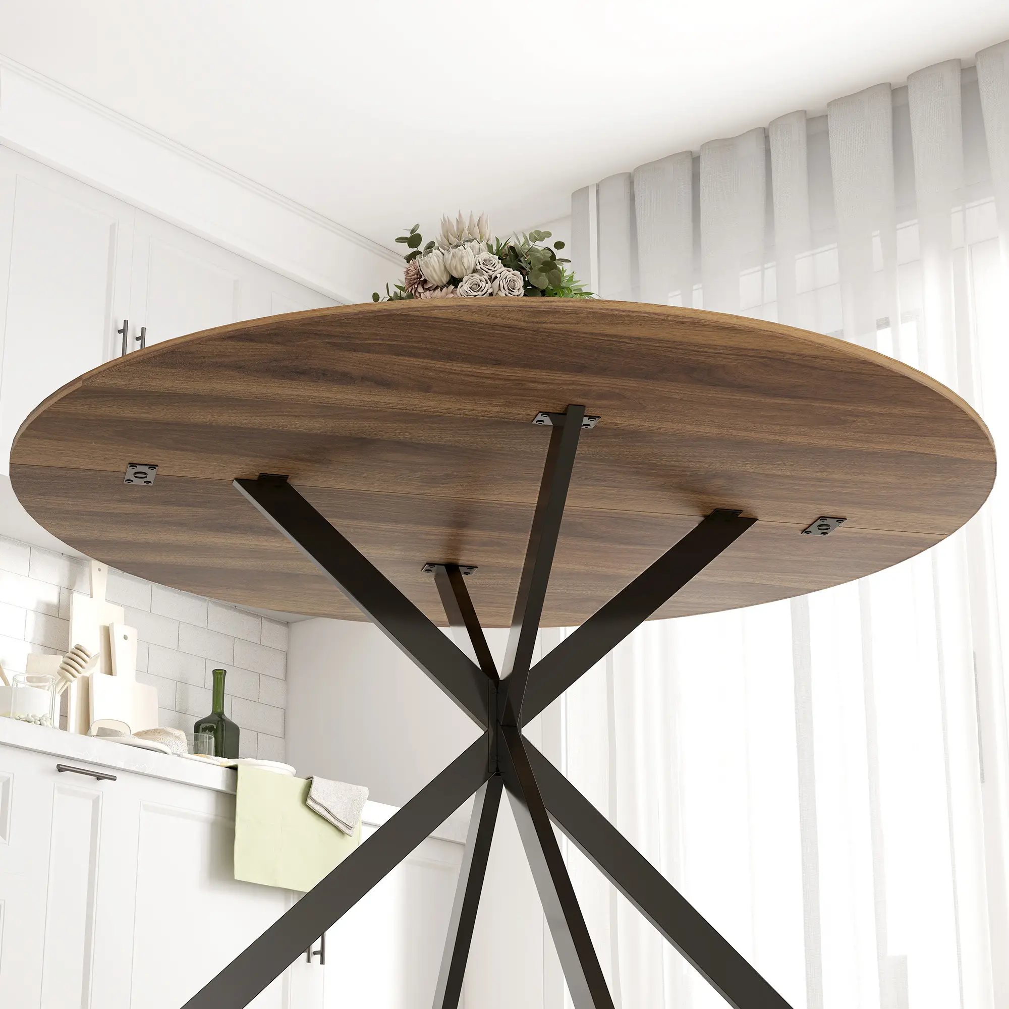 47 Inch Round Kitchen Table, Industrial Dining Table, Dark Brown Black - Image 10