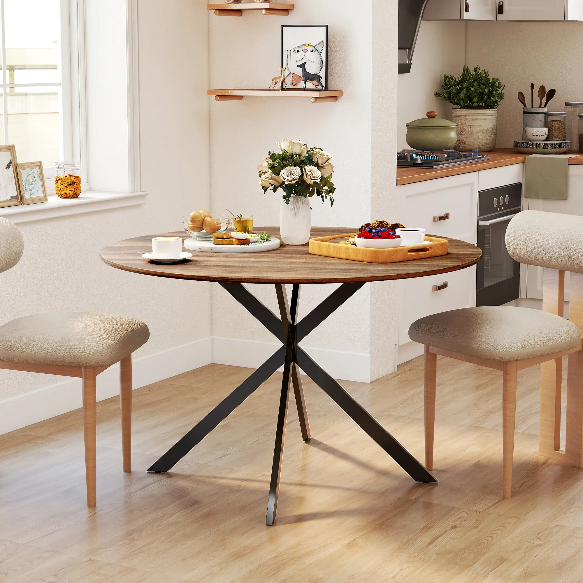 47 Inch Round Kitchen Table, Industrial Dining Table, Dark Brown Black - Image 2