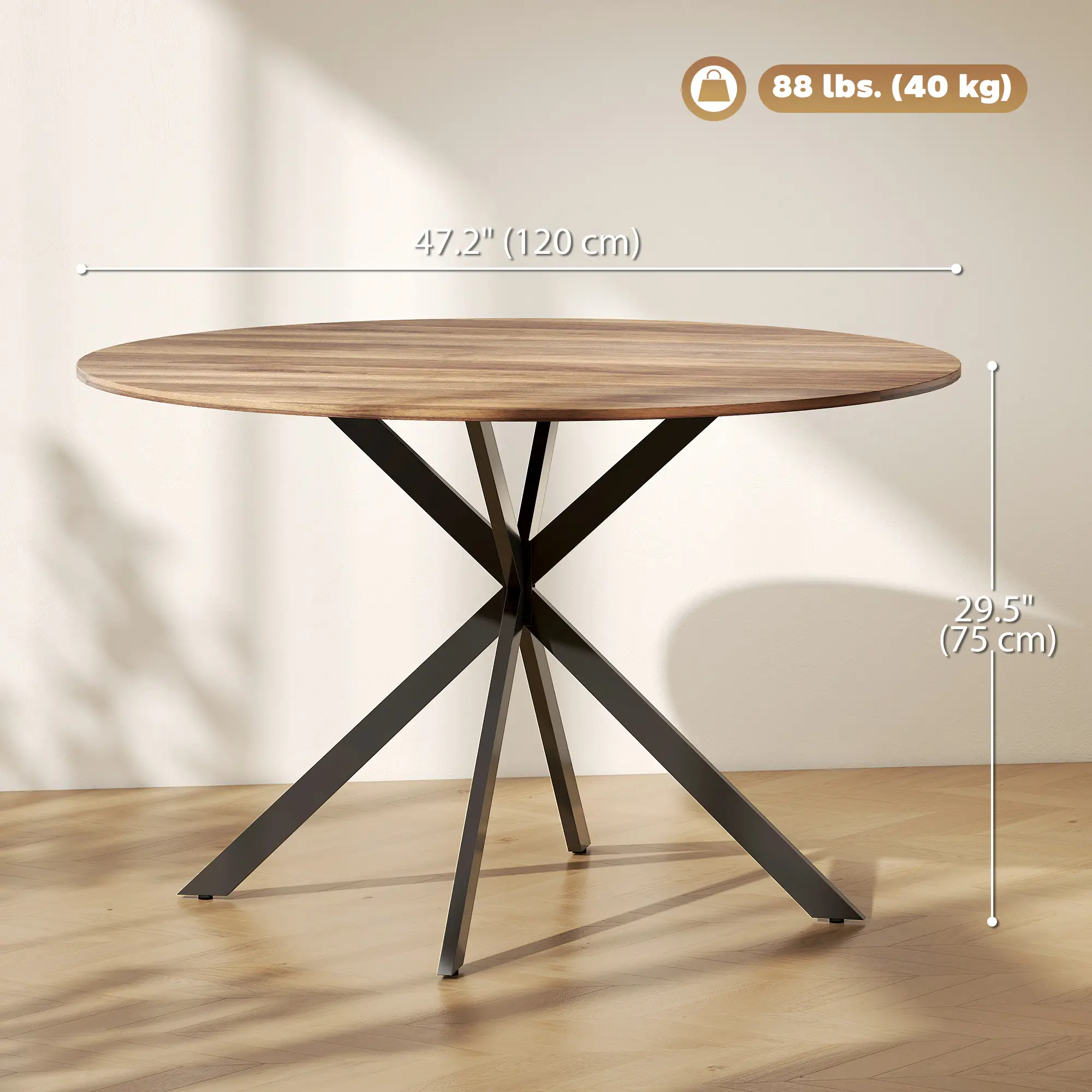 47 Inch Round Kitchen Table, Industrial Dining Table, Dark Brown Black - Image 3