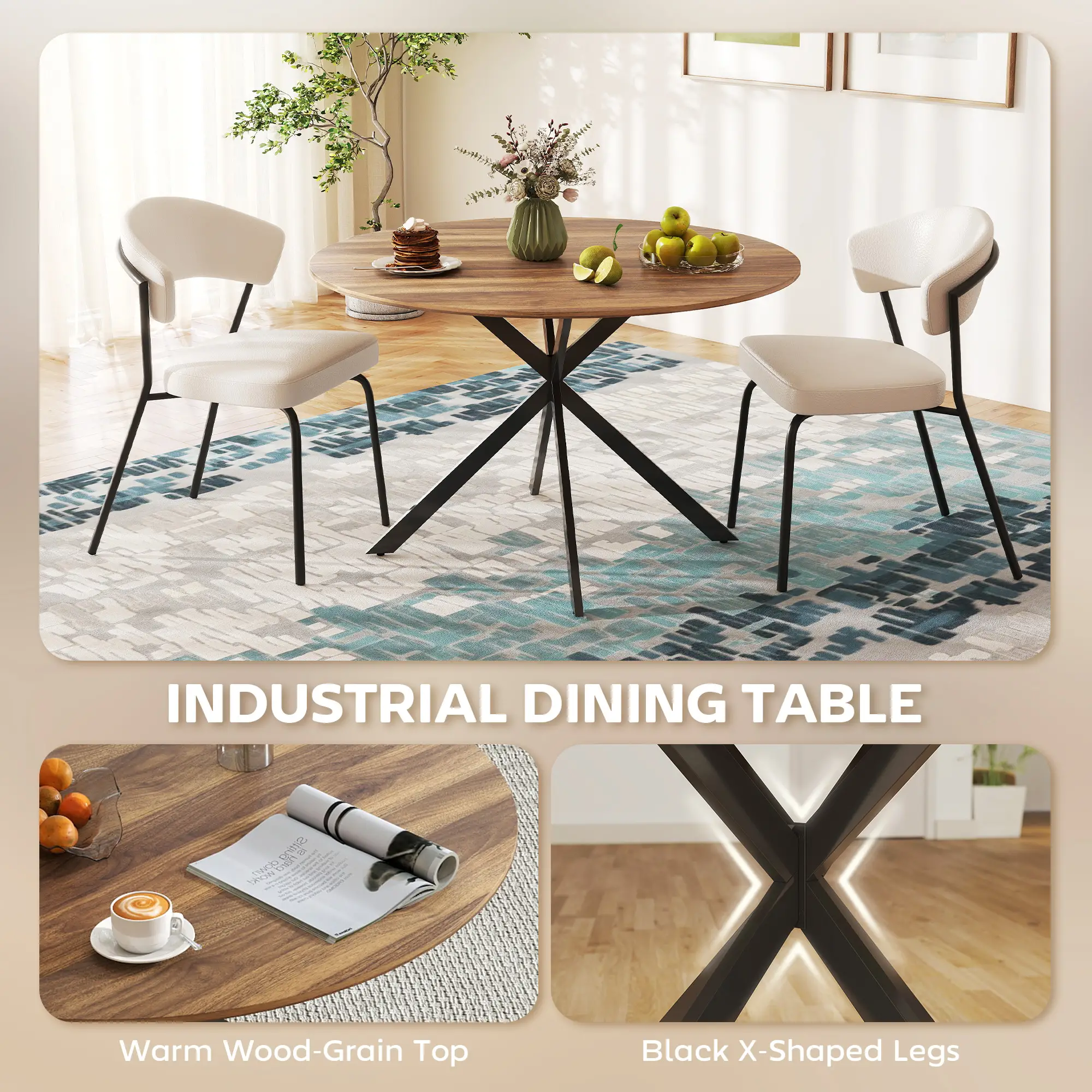 47 Inch Round Kitchen Table, Industrial Dining Table, Dark Brown Black - Image 4