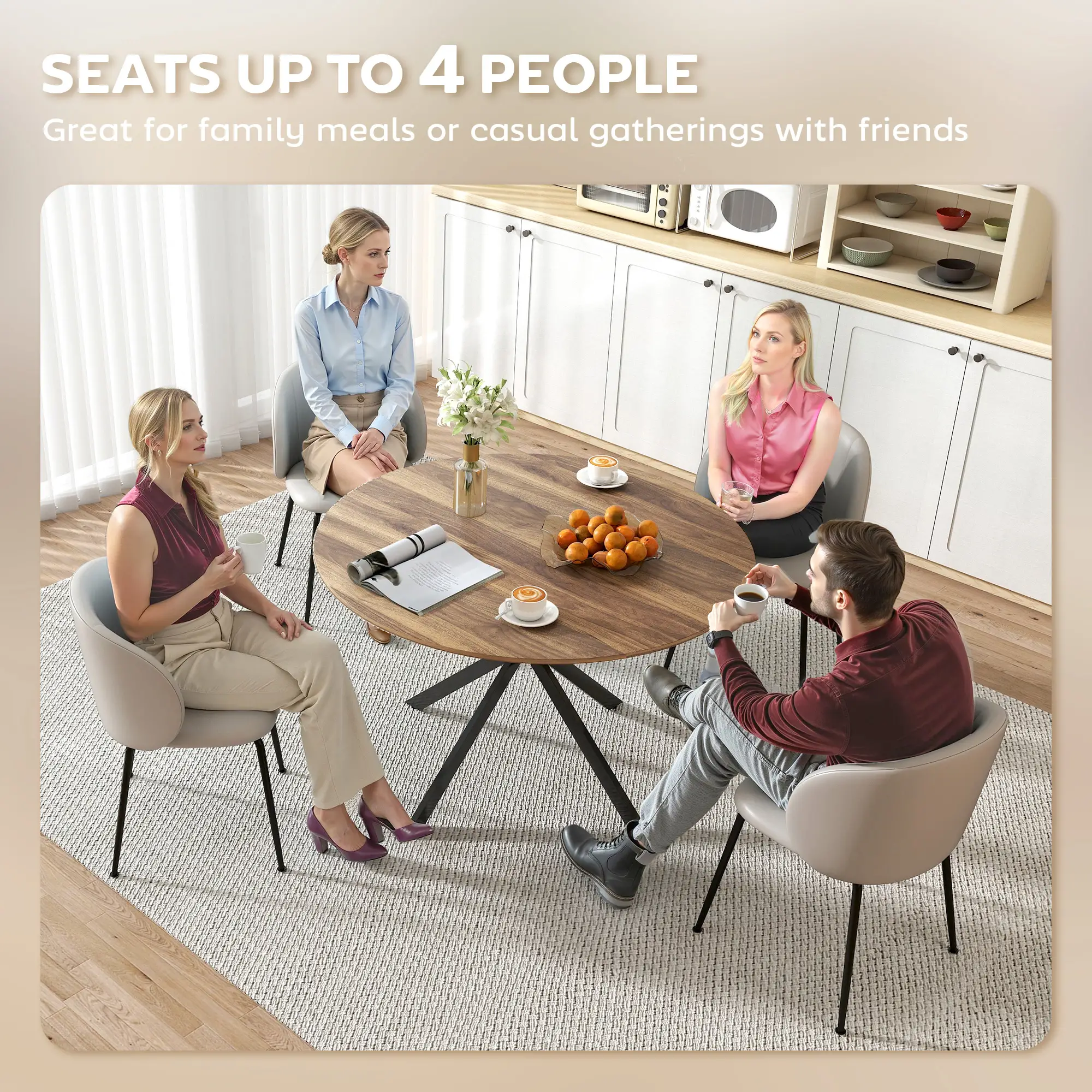 47 Inch Round Kitchen Table, Industrial Dining Table, Dark Brown Black - Image 5