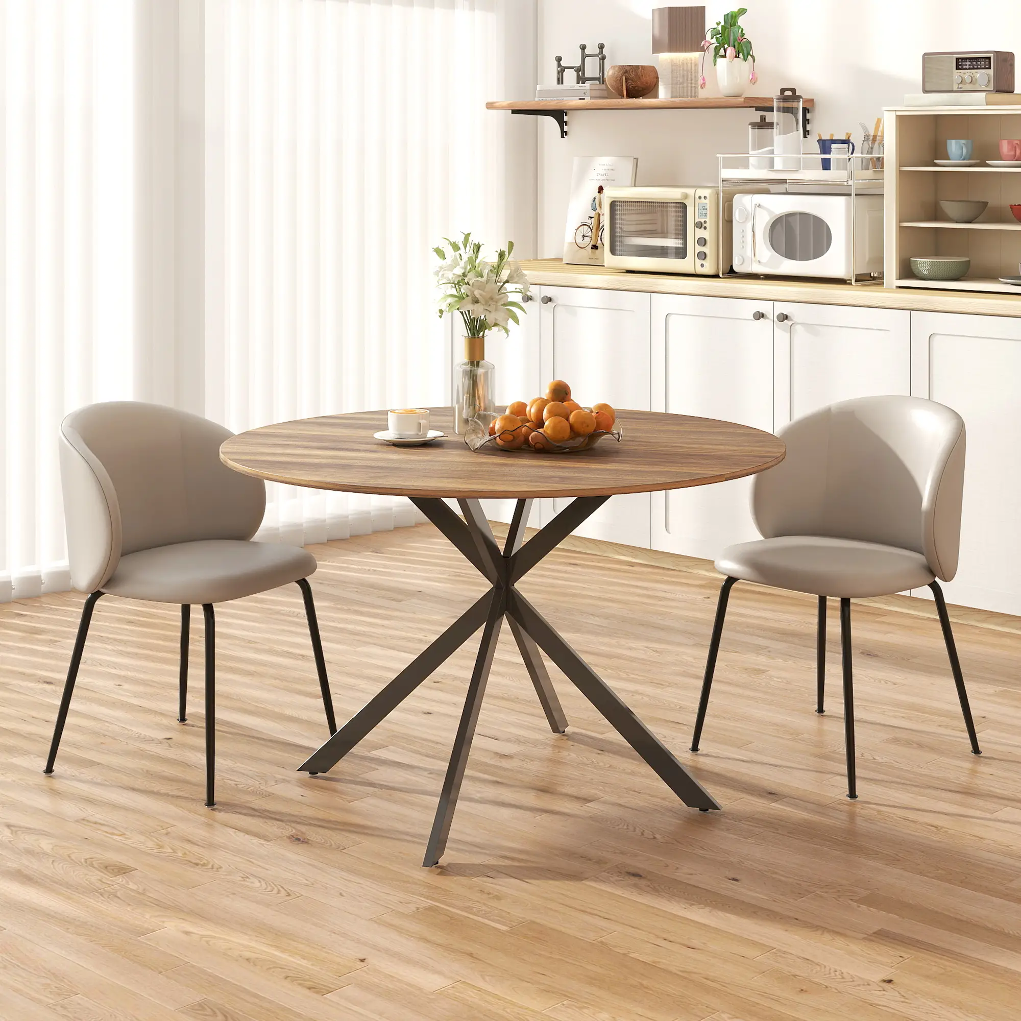 47 Inch Round Kitchen Table, Industrial Dining Table, Dark Brown Black - Image 7