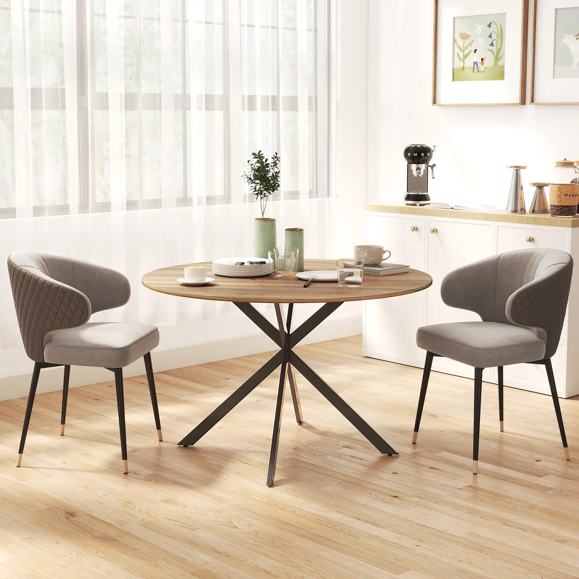 47 Inch Round Kitchen Table, Industrial Dining Table, Dark Brown Black - Image 8