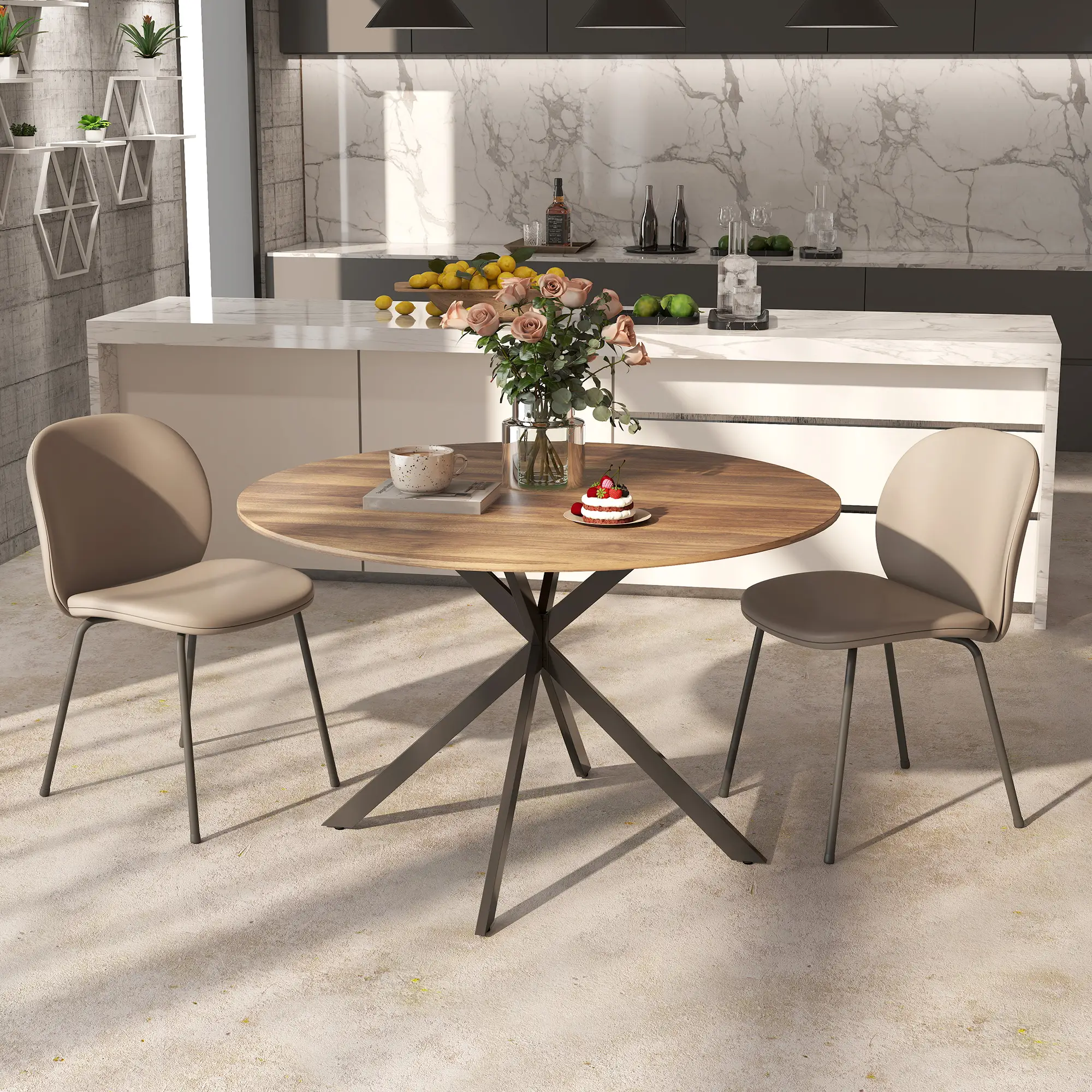 47 Inch Round Kitchen Table, Industrial Dining Table, Dark Brown Black - Image 9