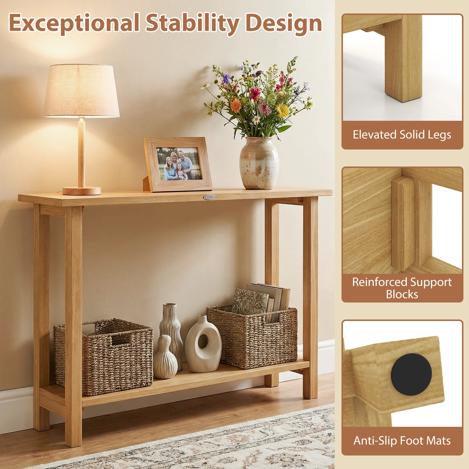 47 Inch Solid Wood Console Table, Storage Shelf, Natural, Teak - Image 10