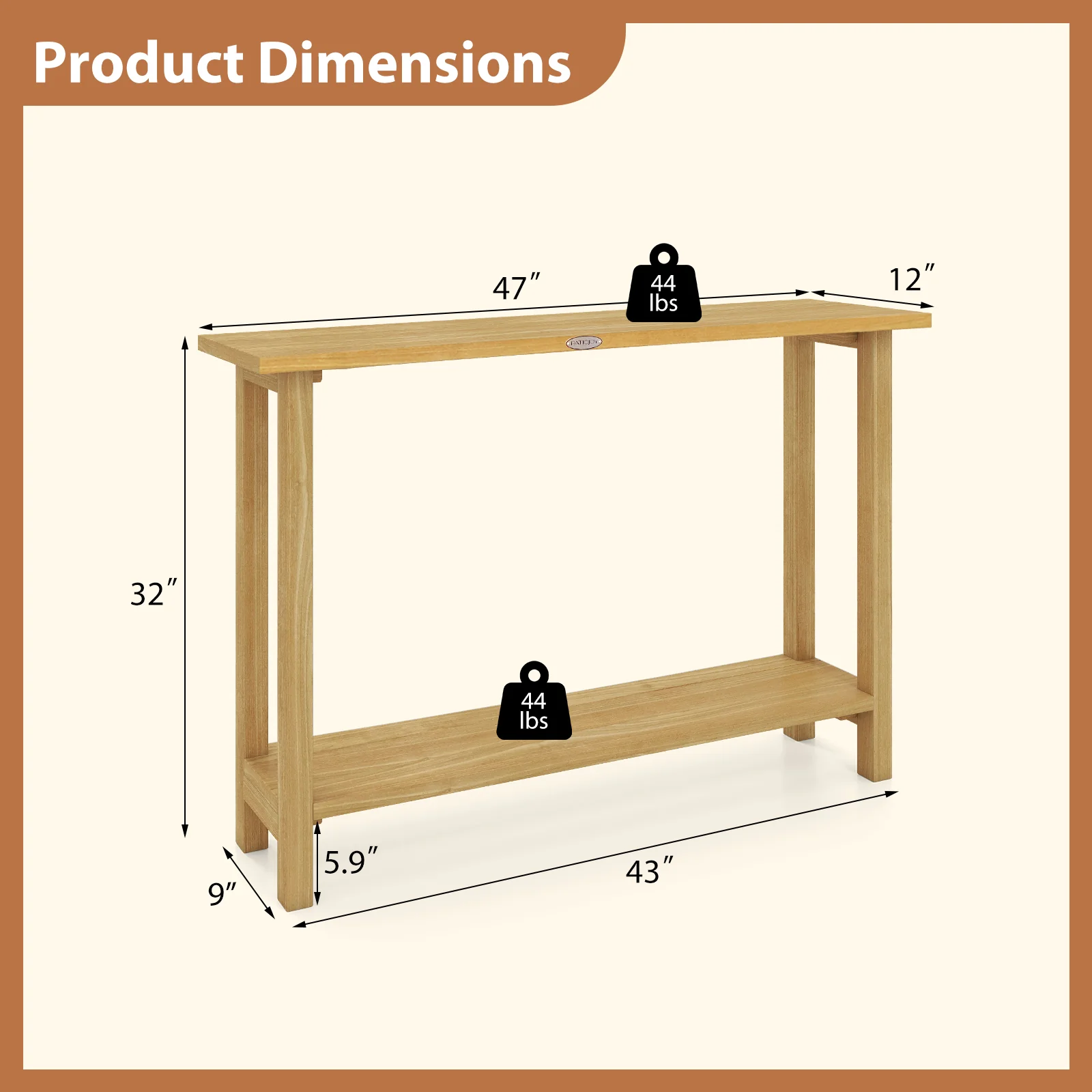 47 Inch Solid Wood Console Table, Storage Shelf, Natural, Teak - Image 6