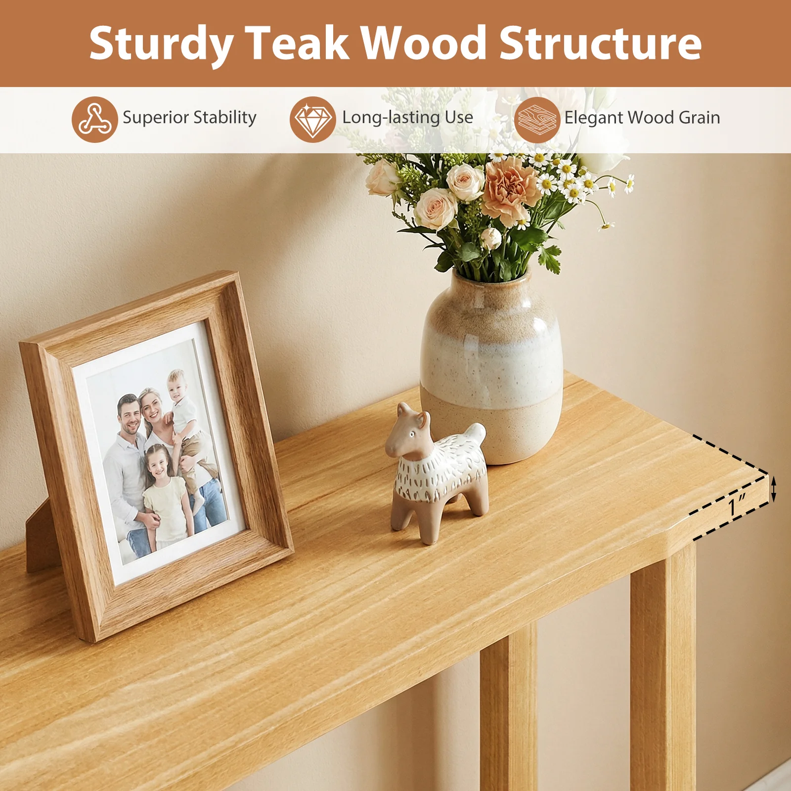 47 Inch Solid Wood Console Table, Storage Shelf, Natural, Teak - Image 8