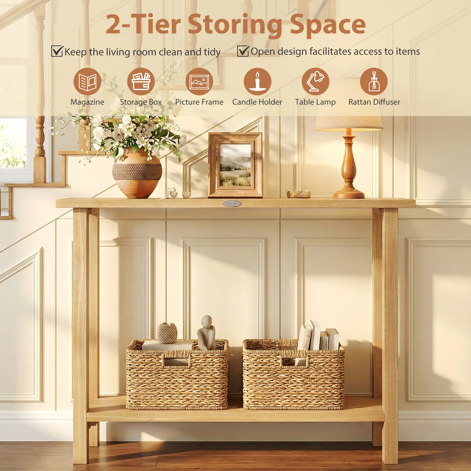 47 Inch Solid Wood Console Table, Storage Shelf, Natural, Teak - Image 9