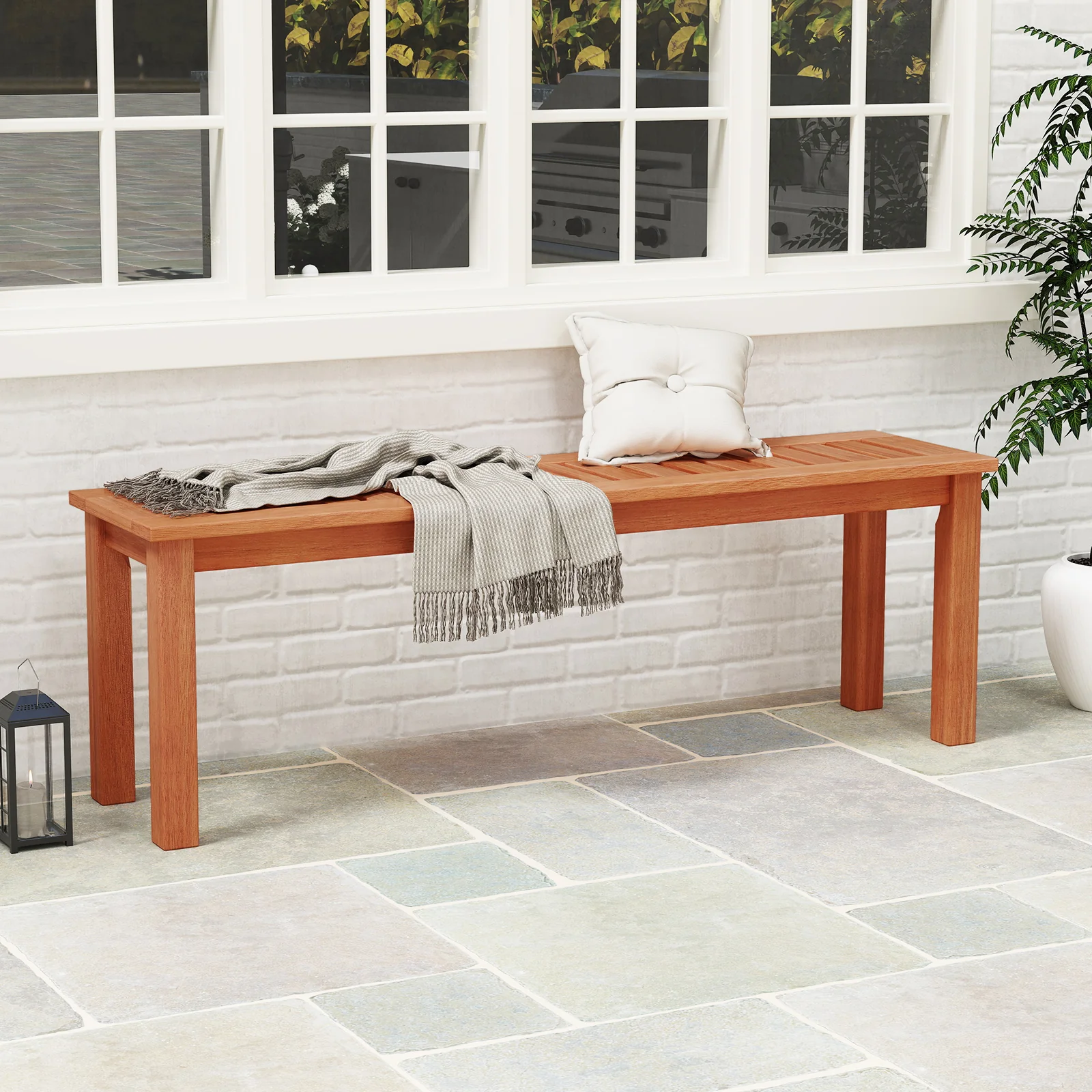 47 Inch Wood Bench, Slatted Seat, 2-Person, Teak - Image 2