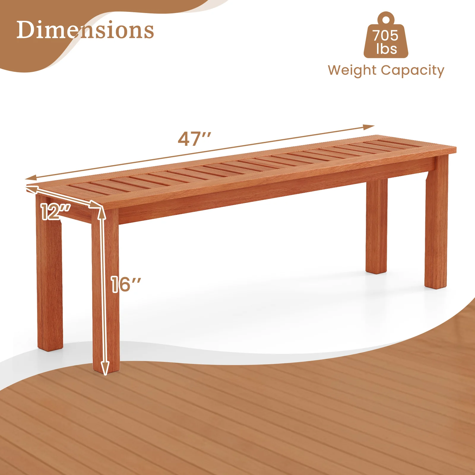 47 Inch Wood Bench, Slatted Seat, 2-Person, Teak - Image 5