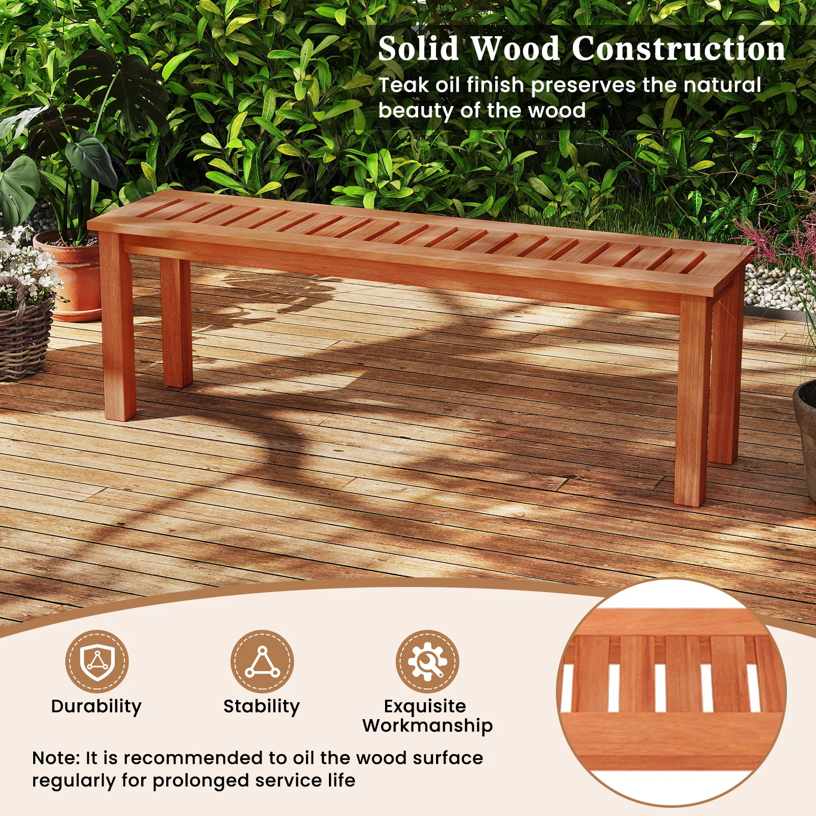 47 Inch Wood Bench, Slatted Seat, 2-Person, Teak - Image 7
