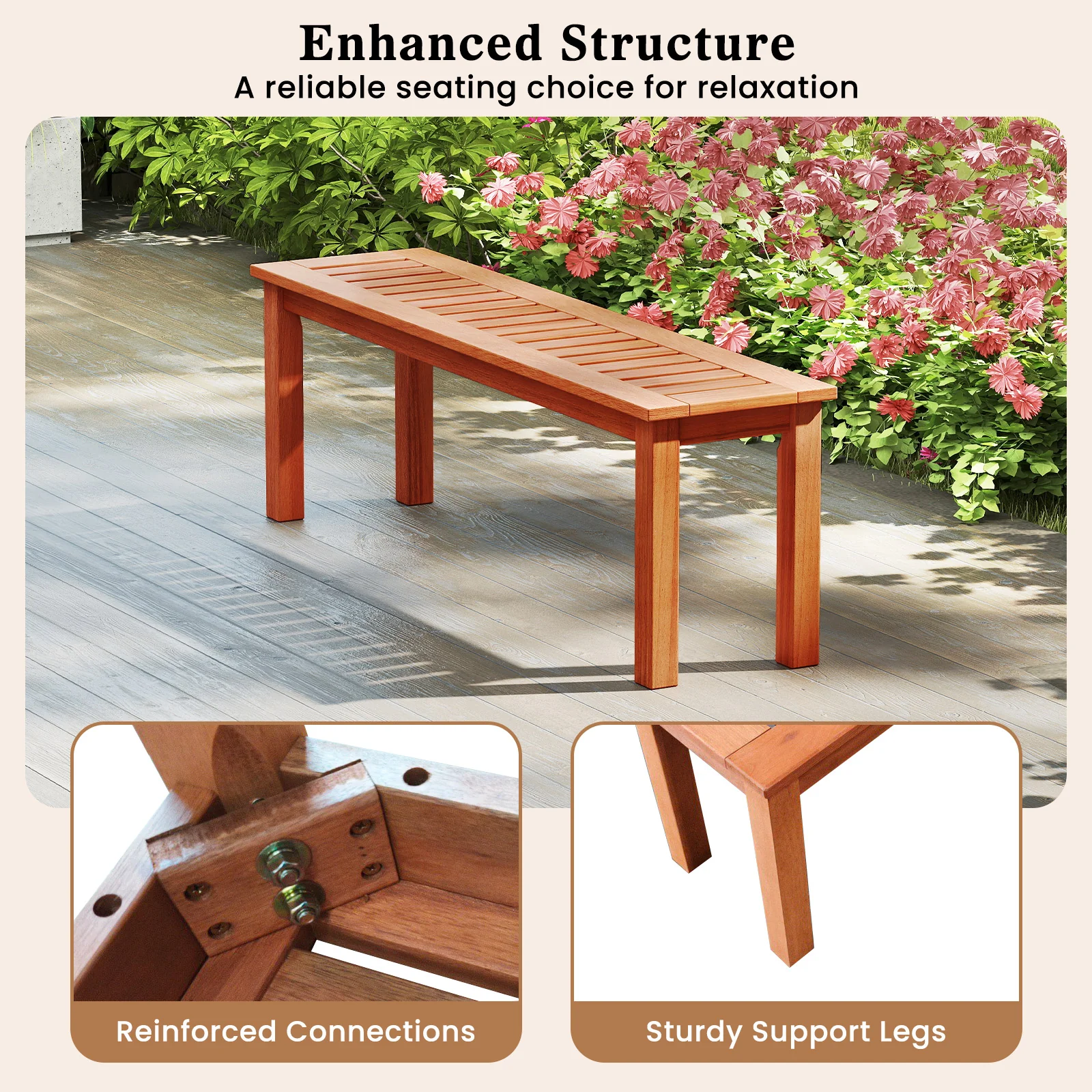 47 Inch Wood Bench, Slatted Seat, 2-Person, Teak - Image 8