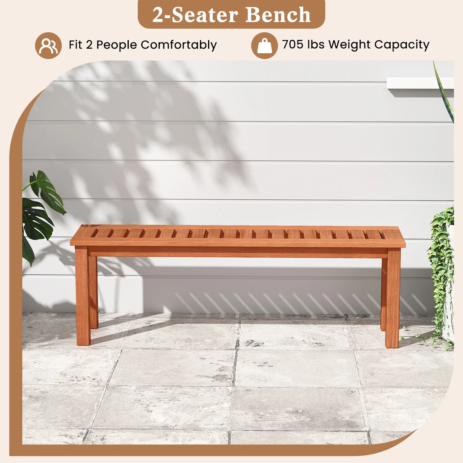 47 Inch Wood Bench, Slatted Seat, 2-Person, Teak - Image 9