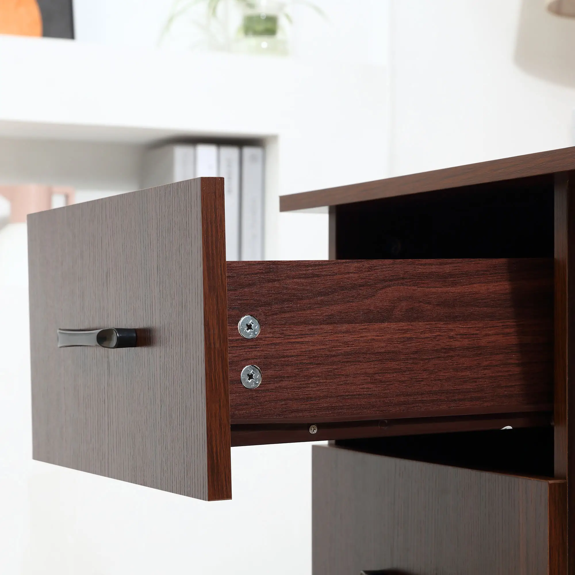 47 Inches Office Desk, 3-Tier Storage Shelves, Drawers, Walnut - Image 10
