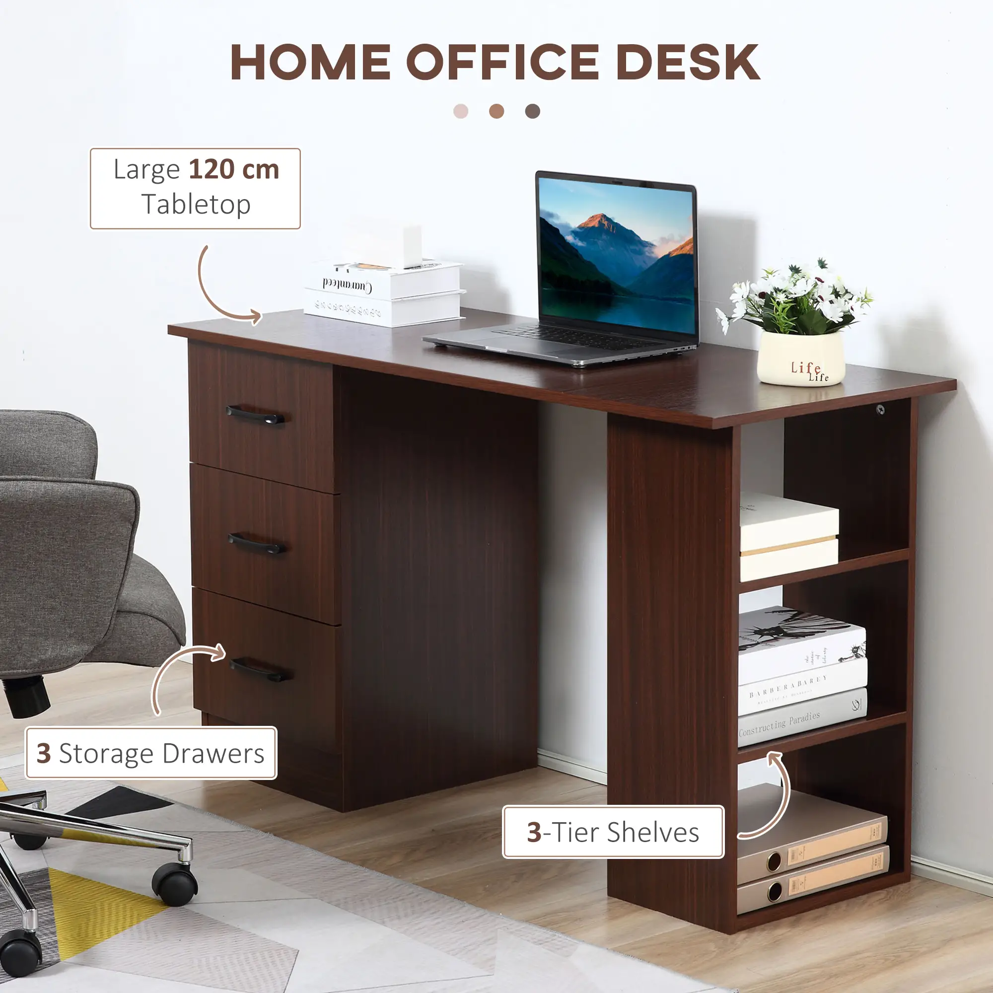 47 Inches Office Desk, 3-Tier Storage Shelves, Drawers, Walnut - Image 4