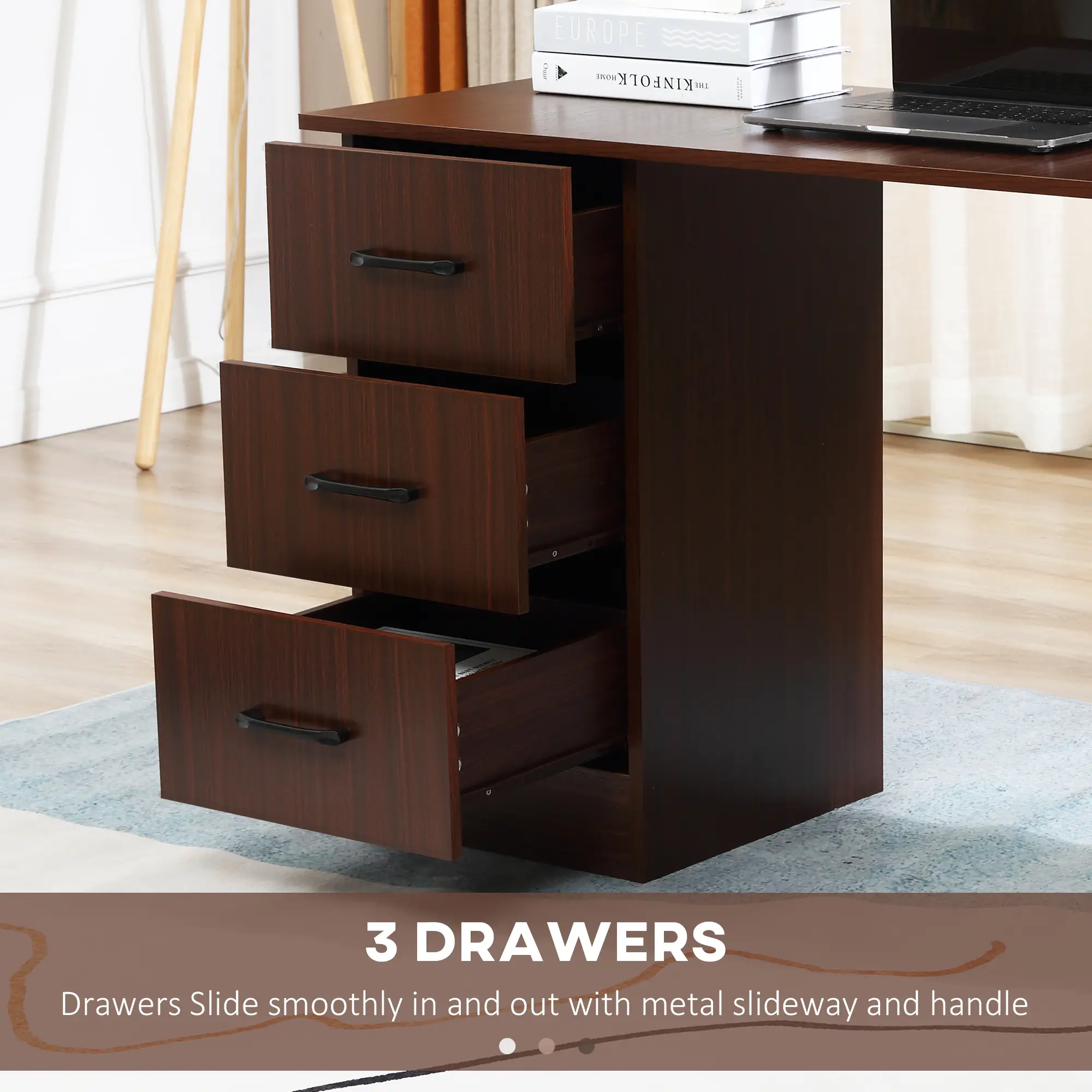 47 Inches Office Desk, 3-Tier Storage Shelves, Drawers, Walnut - Image 5