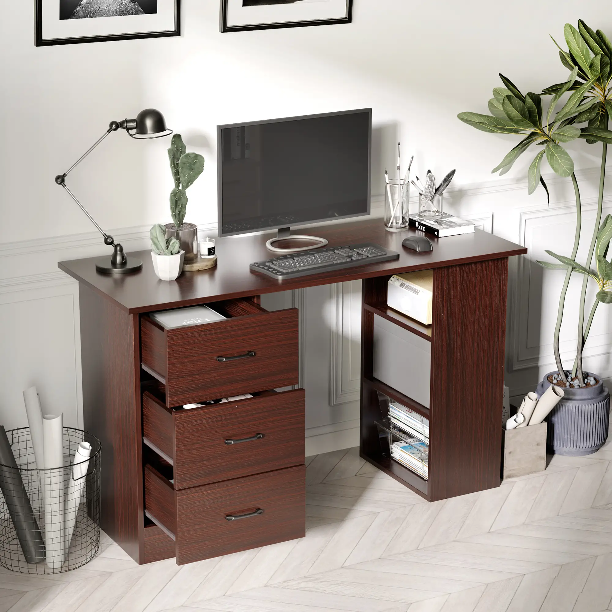 47 Inches Office Desk, 3-Tier Storage Shelves, Drawers, Walnut - Image 7