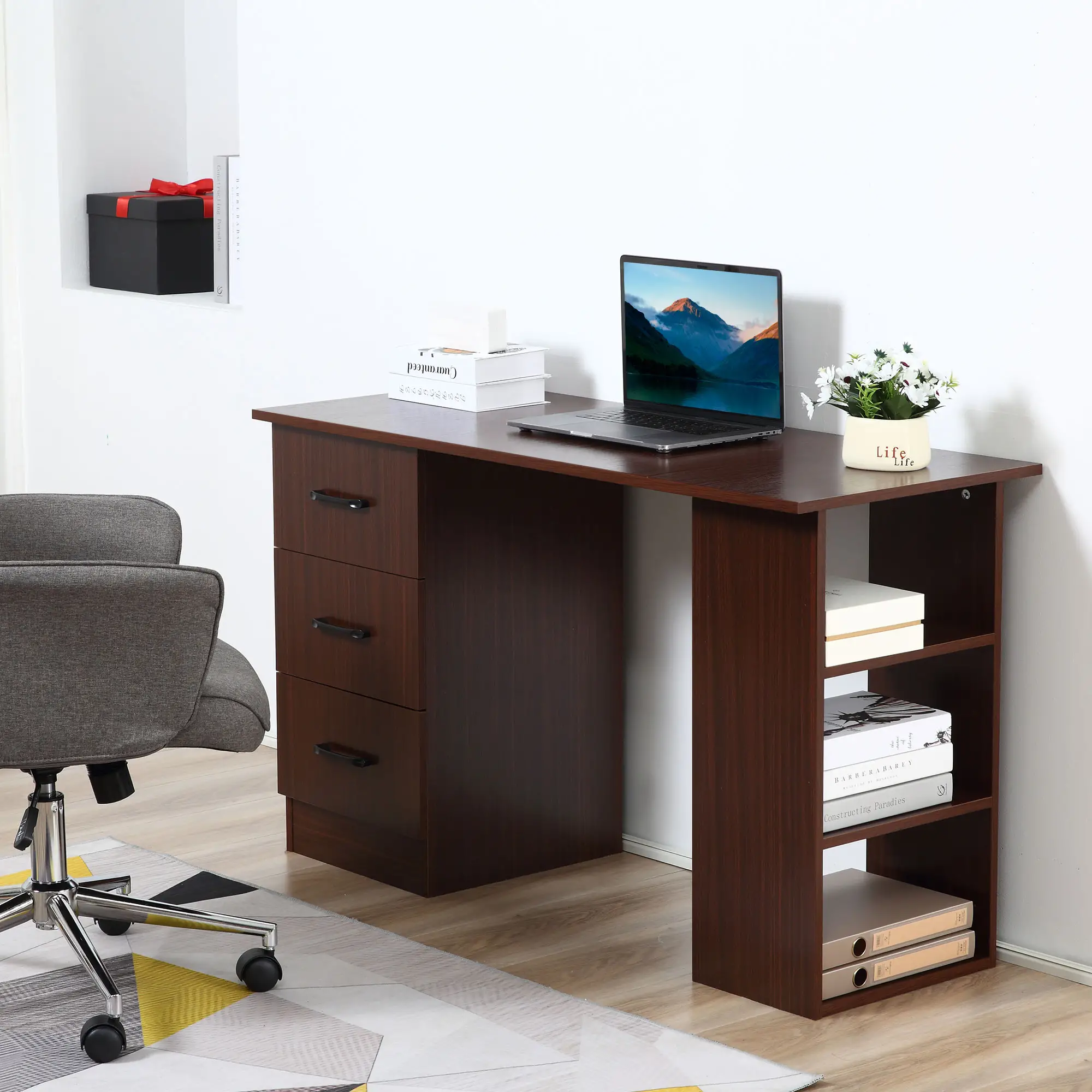 47 Inches Office Desk, 3-Tier Storage Shelves, Drawers, Walnut - Image 8