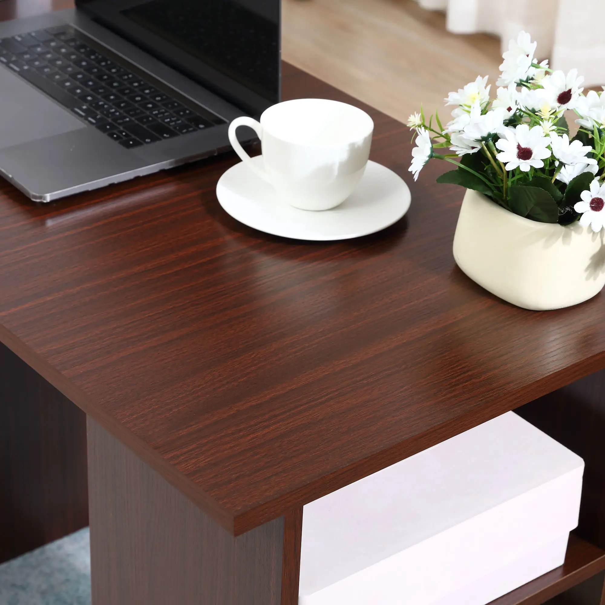 47 Inches Office Desk, 3-Tier Storage Shelves, Drawers, Walnut - Image 9