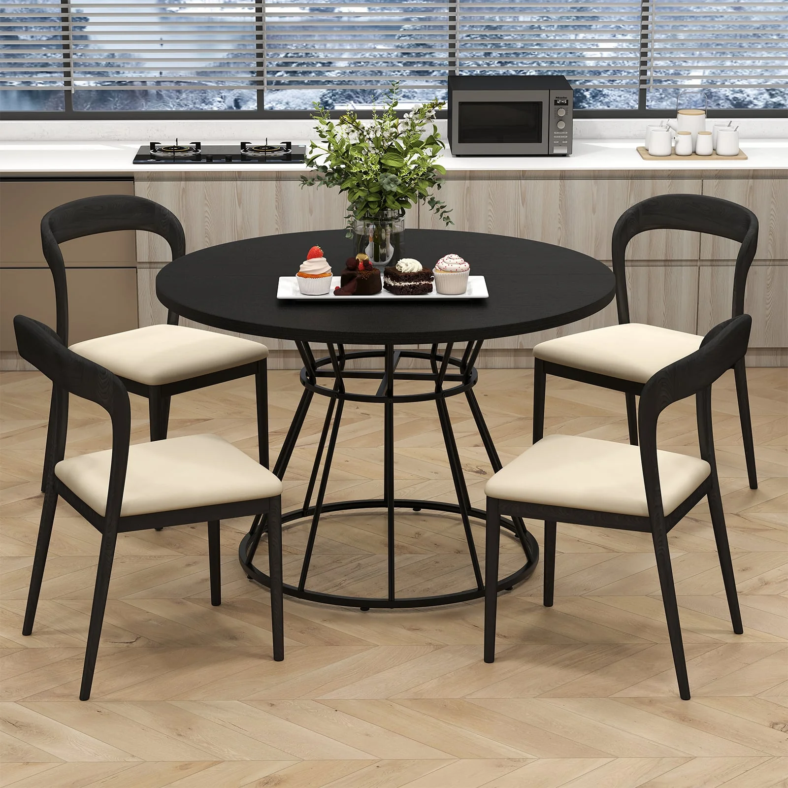 47 Inches Round Dining Table, Farmhouse Kitchen, Wooden Tabletop, Black - Image 3