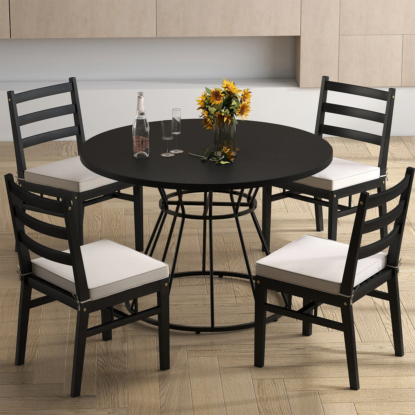 47 Inches Round Dining Table, Farmhouse Kitchen, Wooden Tabletop, Black - Image 6