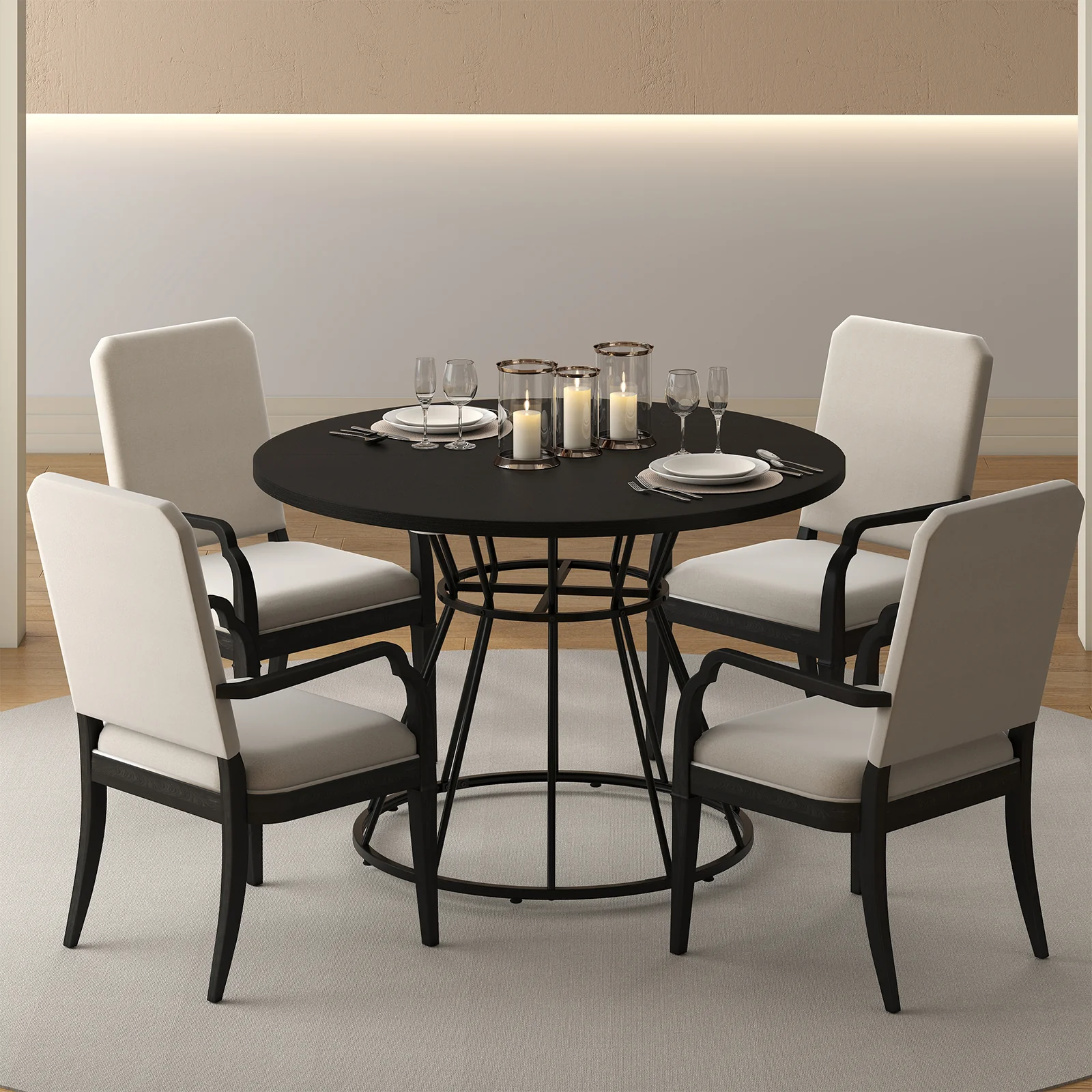 47 Inches Round Dining Table, Farmhouse Kitchen, Wooden Tabletop, Black - Image 7