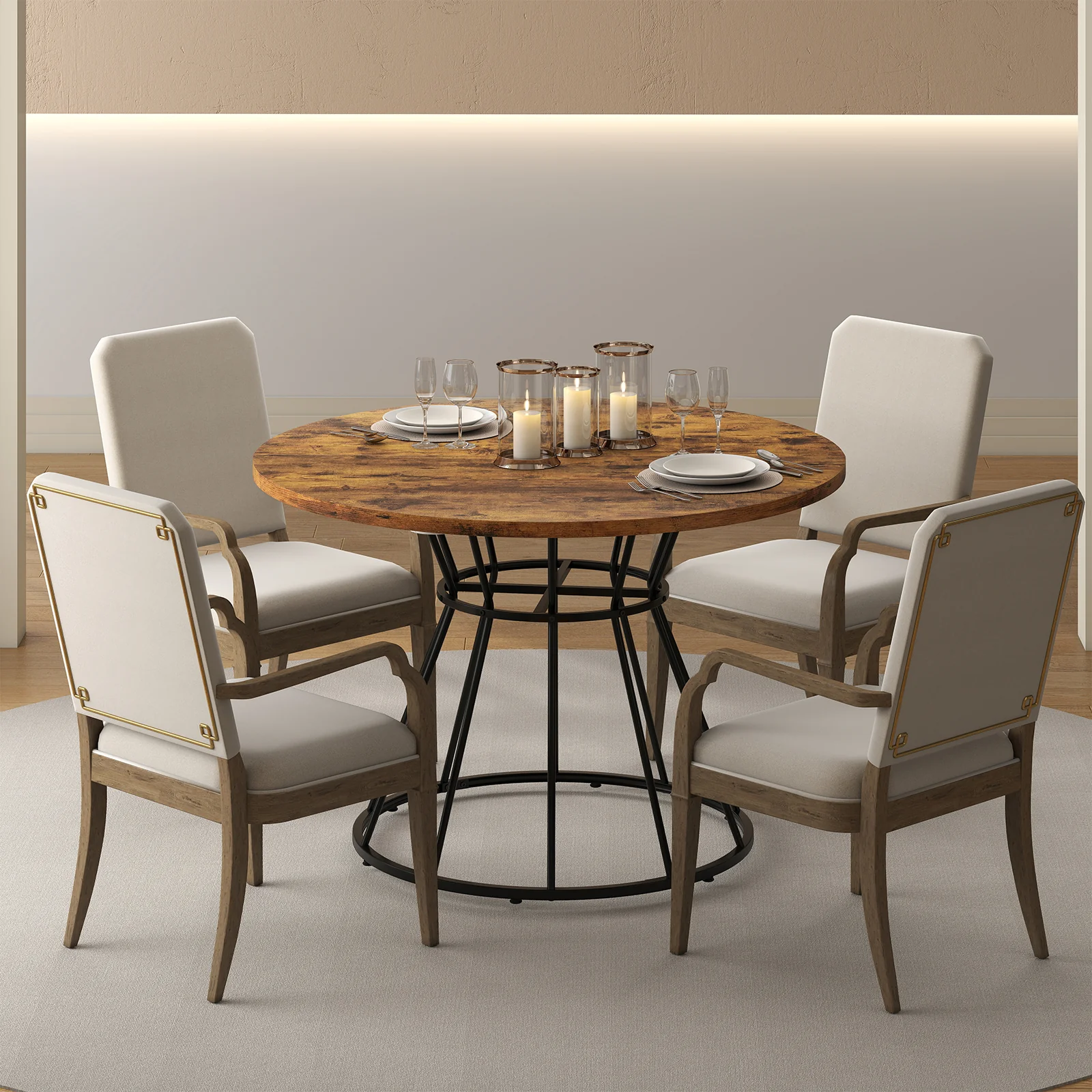 47 Inches Round Dining Table For 4, Wooden Tabletop, Brown - Image 6