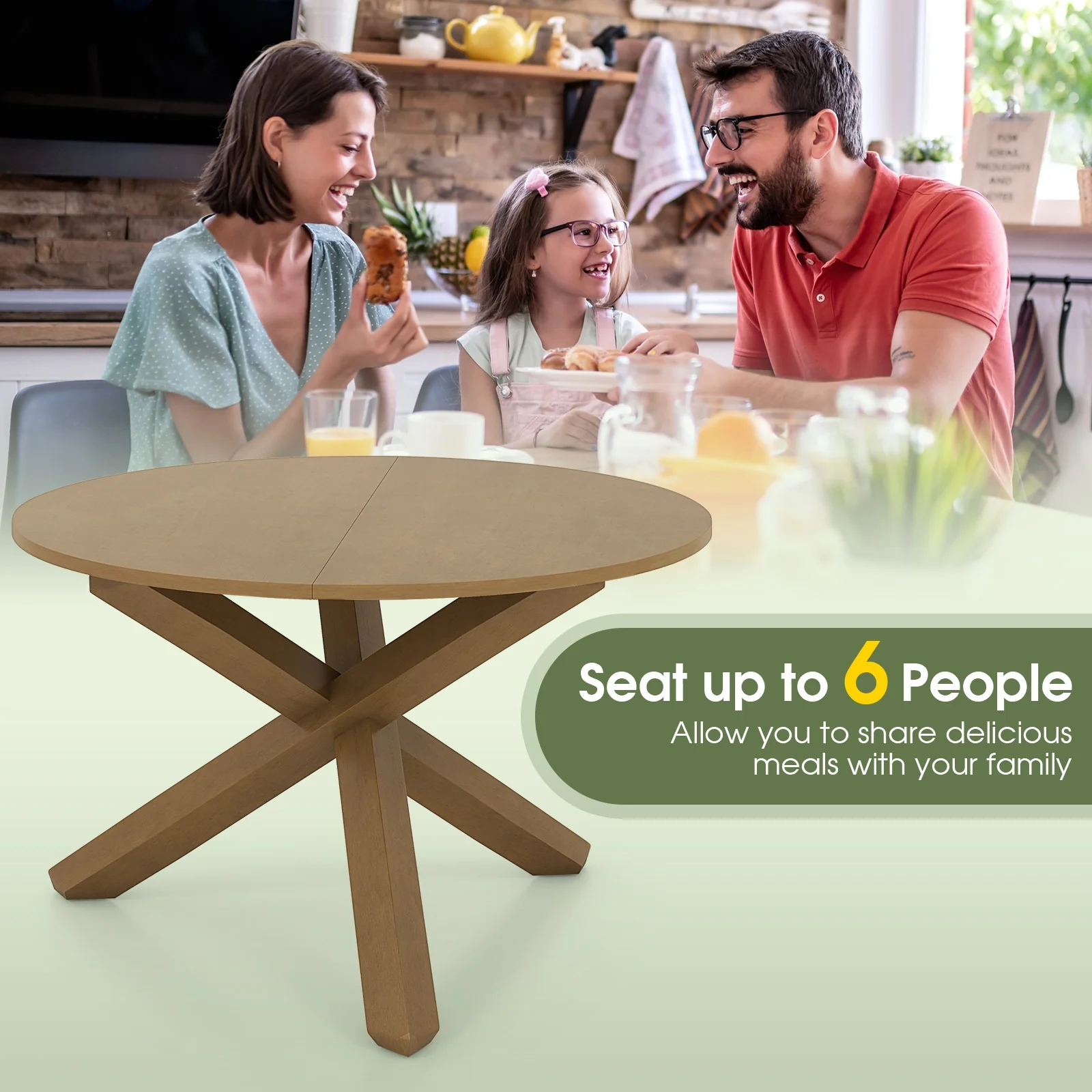 47 Inches Round Dining Table, Solid Acacia Wood Legs, 4-6 Person, Natural - Image 9