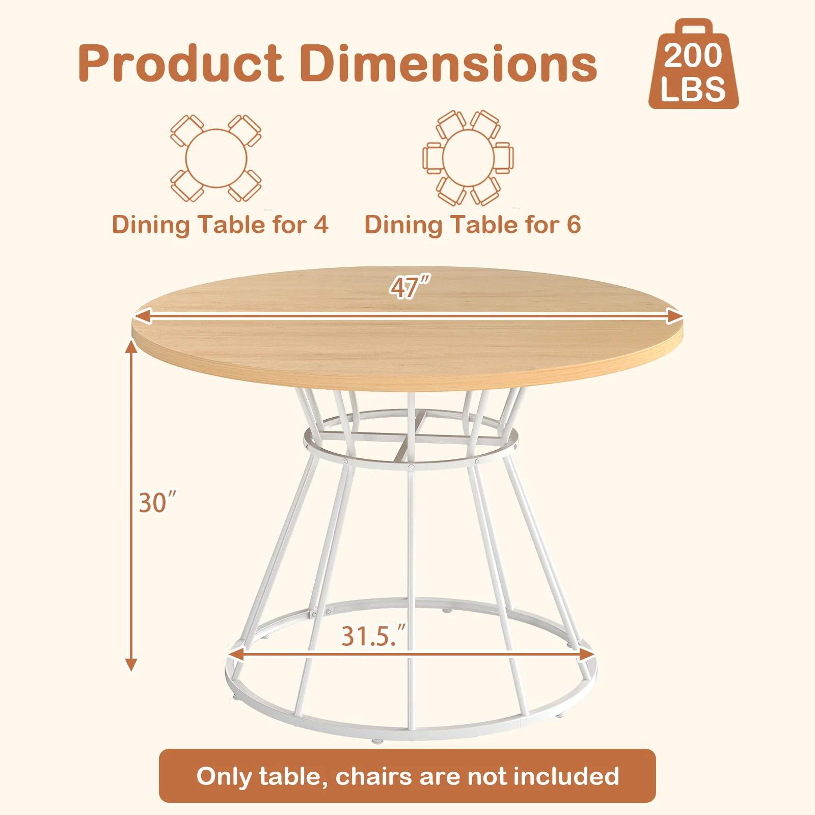 47 Inches Round Dining Table, Wooden Tabletop, Natural - Image 5