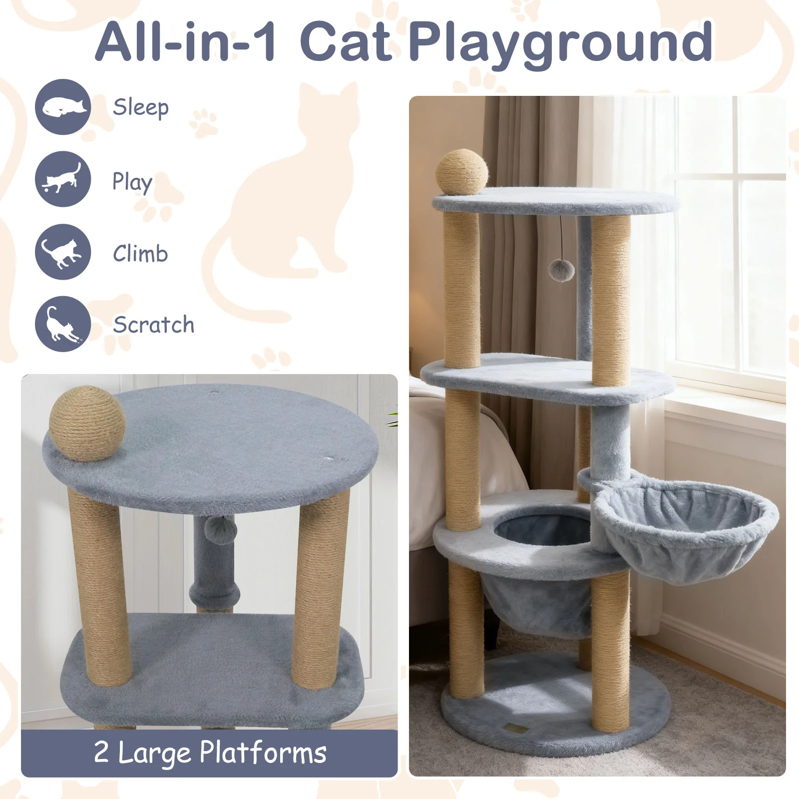 47 Inches Tall Cat Tower with Cat Nest and Scratching Posts, Gray - Image 10