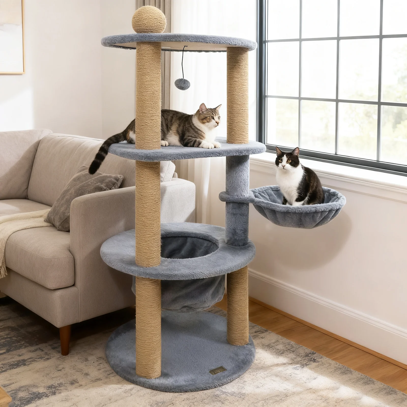 47 Inches Tall Cat Tower with Cat Nest and Scratching Posts, Gray - Image 2