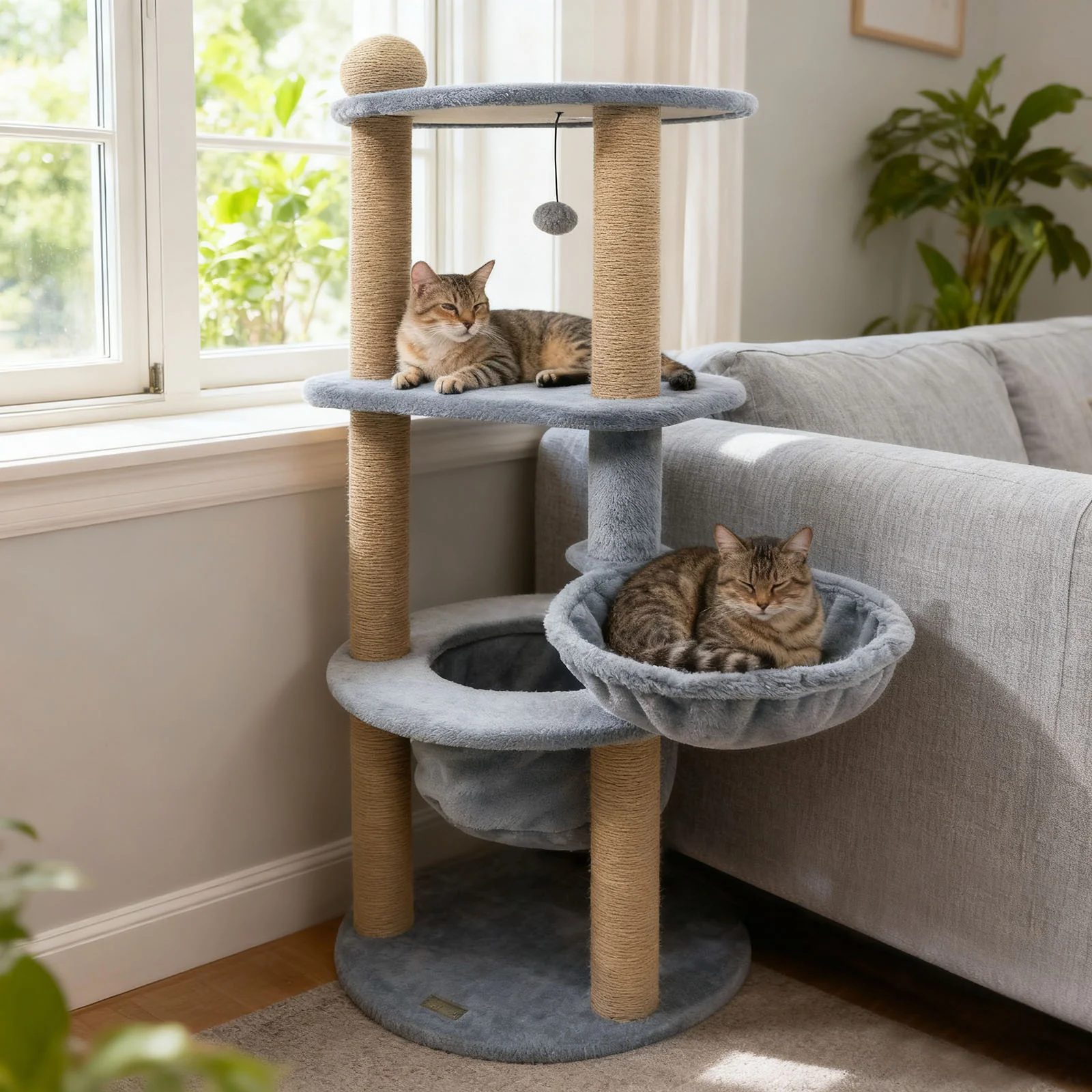 47 Inches Tall Cat Tower with Cat Nest and Scratching Posts, Gray - Image 3