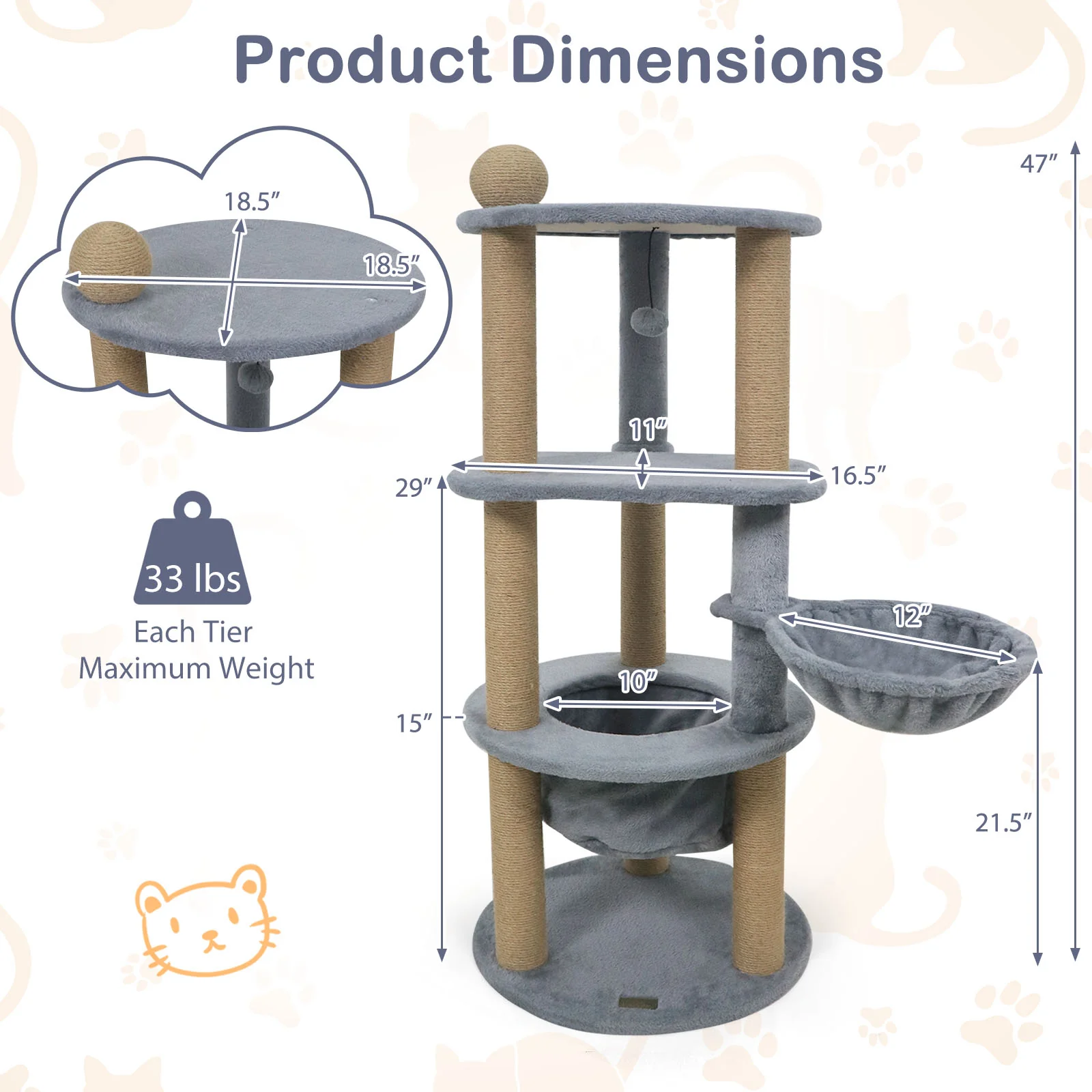 47 Inches Tall Cat Tower with Cat Nest and Scratching Posts, Gray - Image 6