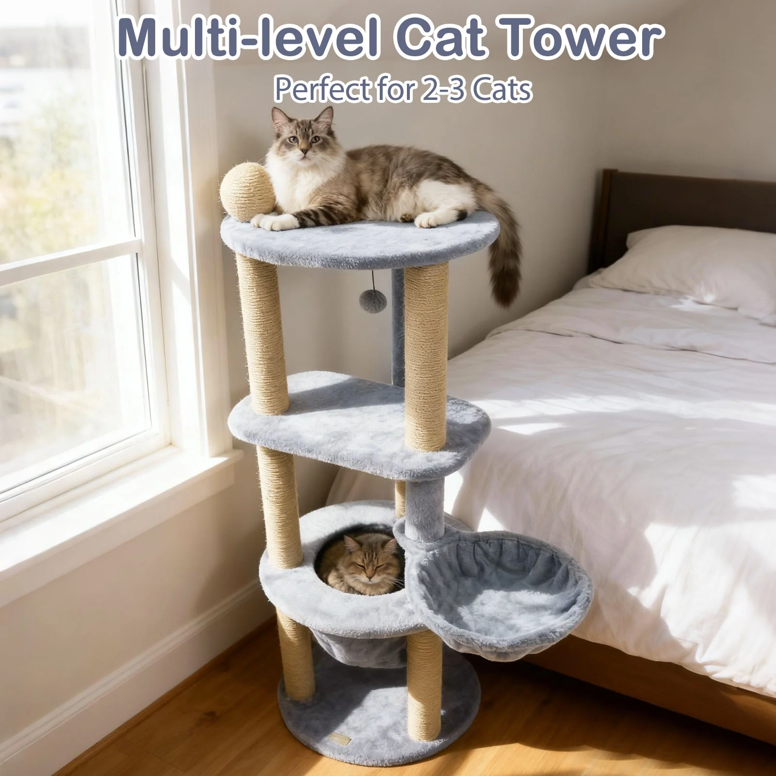 47 Inches Tall Cat Tower with Cat Nest and Scratching Posts, Gray - Image 7