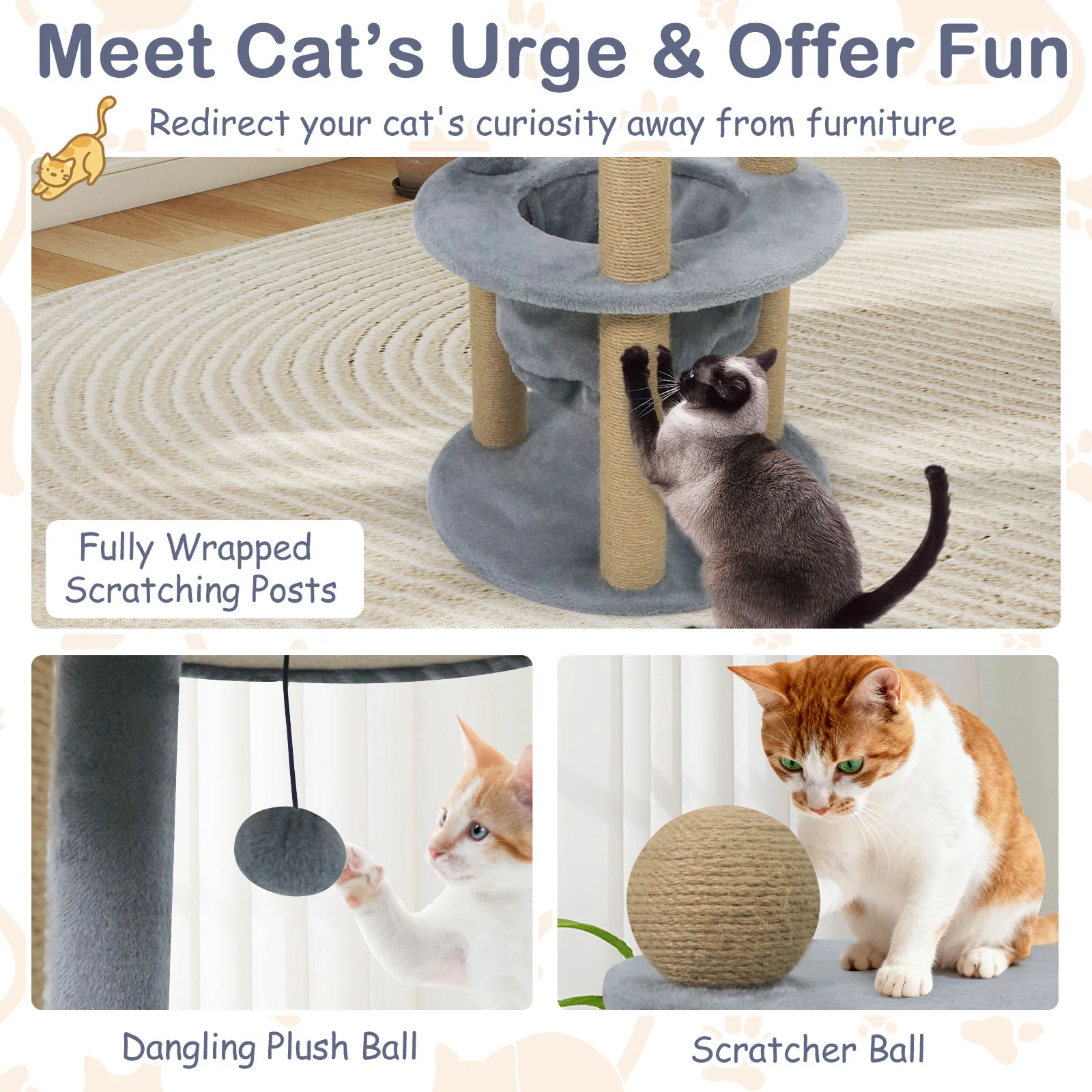 47 Inches Tall Cat Tower with Cat Nest and Scratching Posts, Gray - Image 9