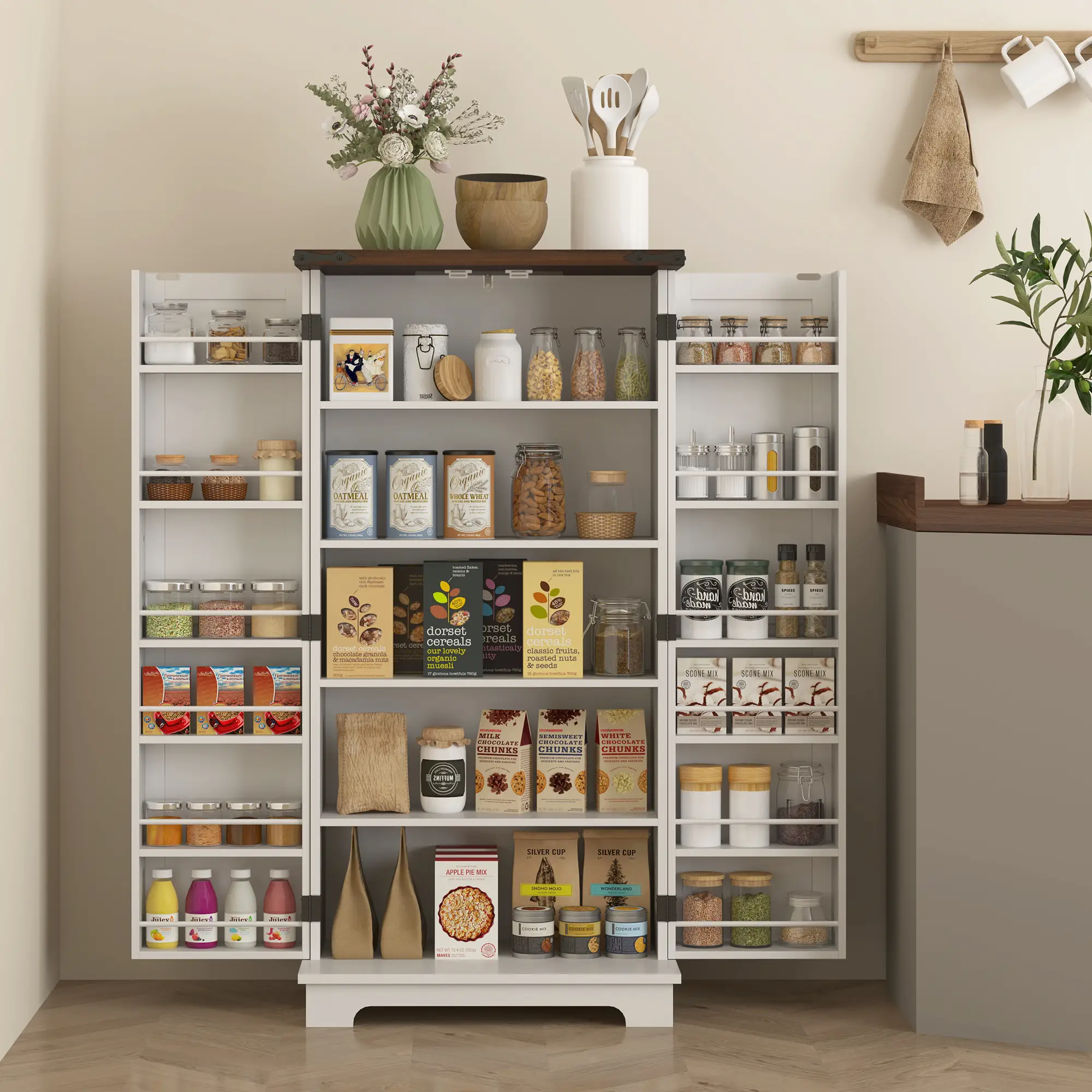 47" Kitchen Pantry Cabinet, Adjustable Shelves, White - Image 2