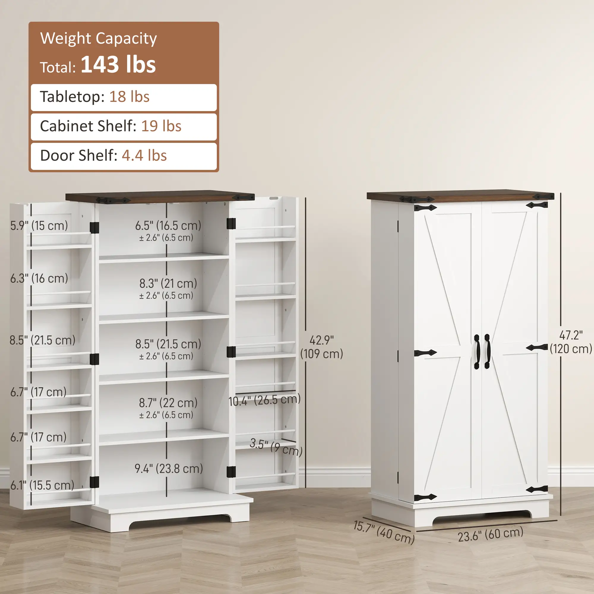 47" Kitchen Pantry Cabinet, Adjustable Shelves, White - Image 3