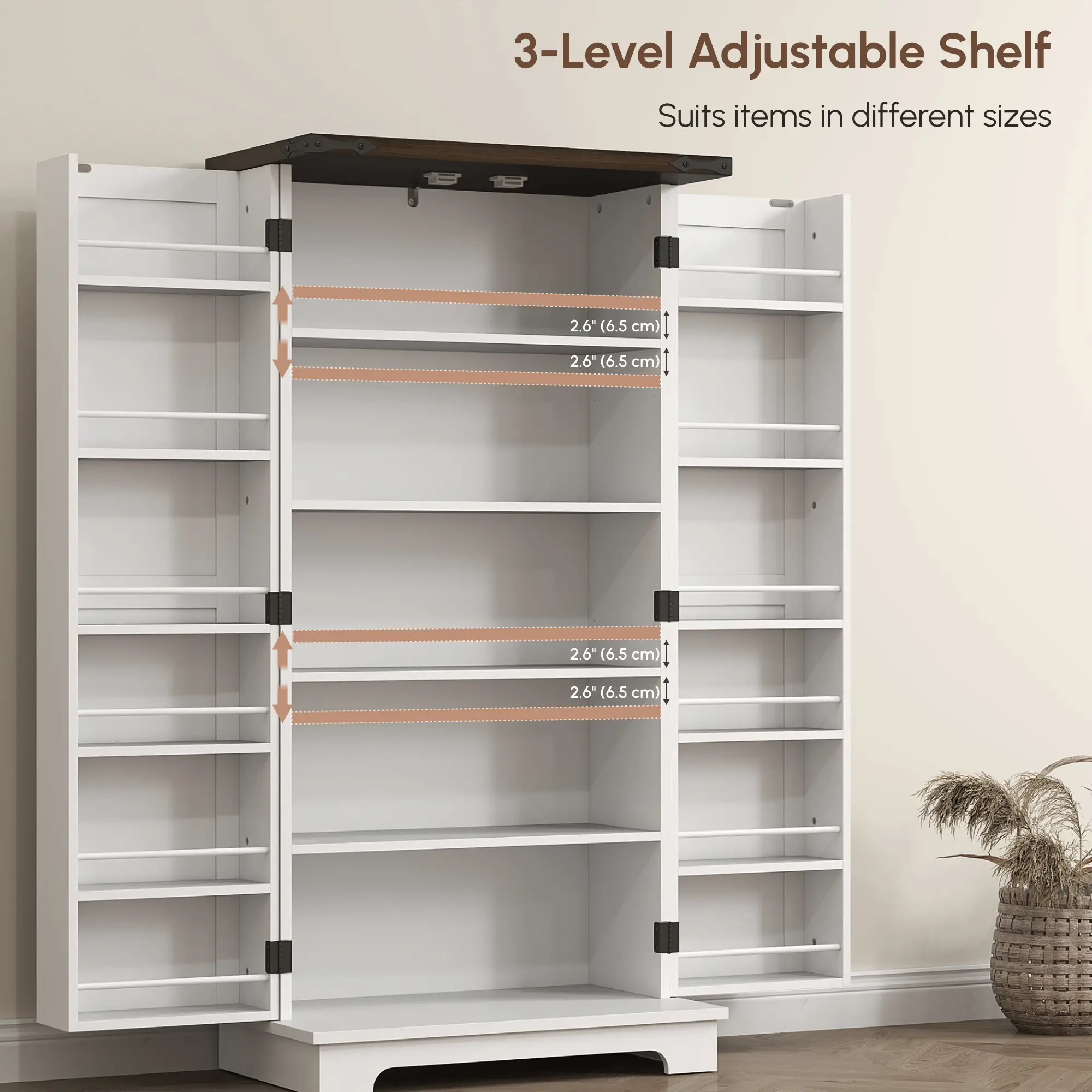 47" Kitchen Pantry Cabinet, Adjustable Shelves, White - Image 6