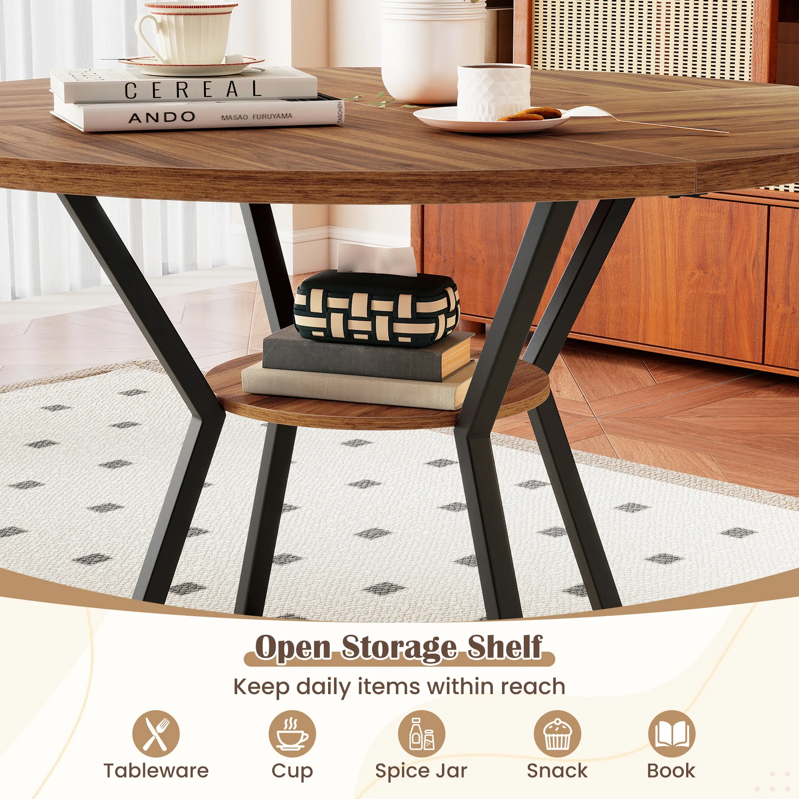 47" Round Dining Table for 4 with Storage Shelf, Brown - Image 10