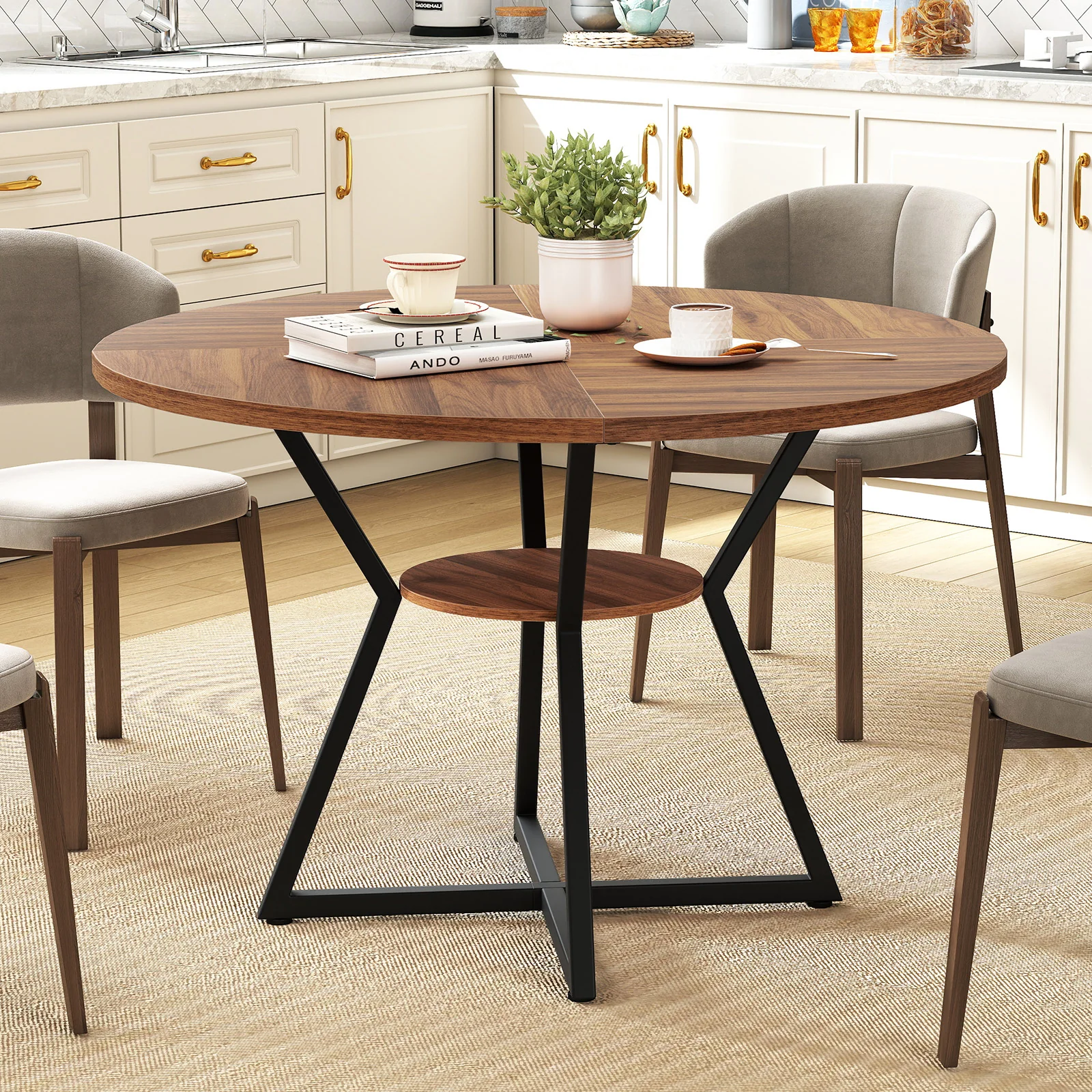 47" Round Dining Table for 4 with Storage Shelf, Brown - Image 2