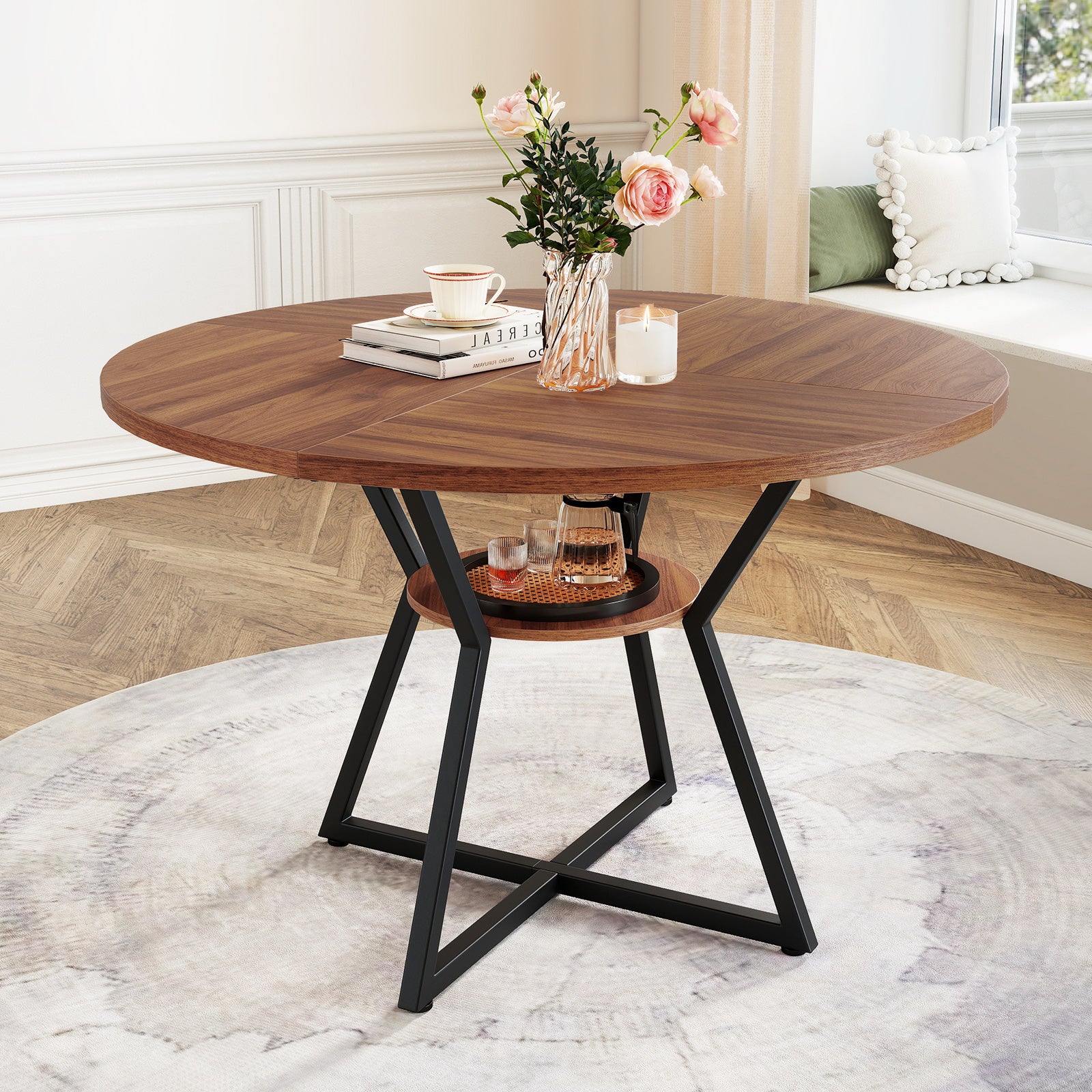 47" Round Dining Table for 4 with Storage Shelf, Brown - Image 3