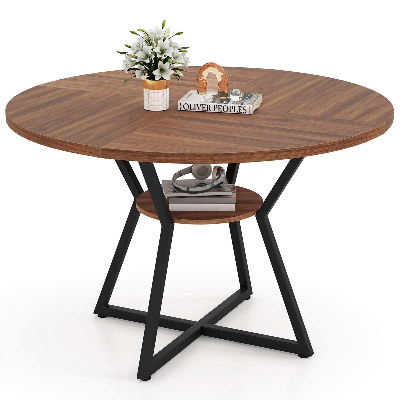 47" Round Dining Table for 4 with Storage Shelf, Brown - Image 4